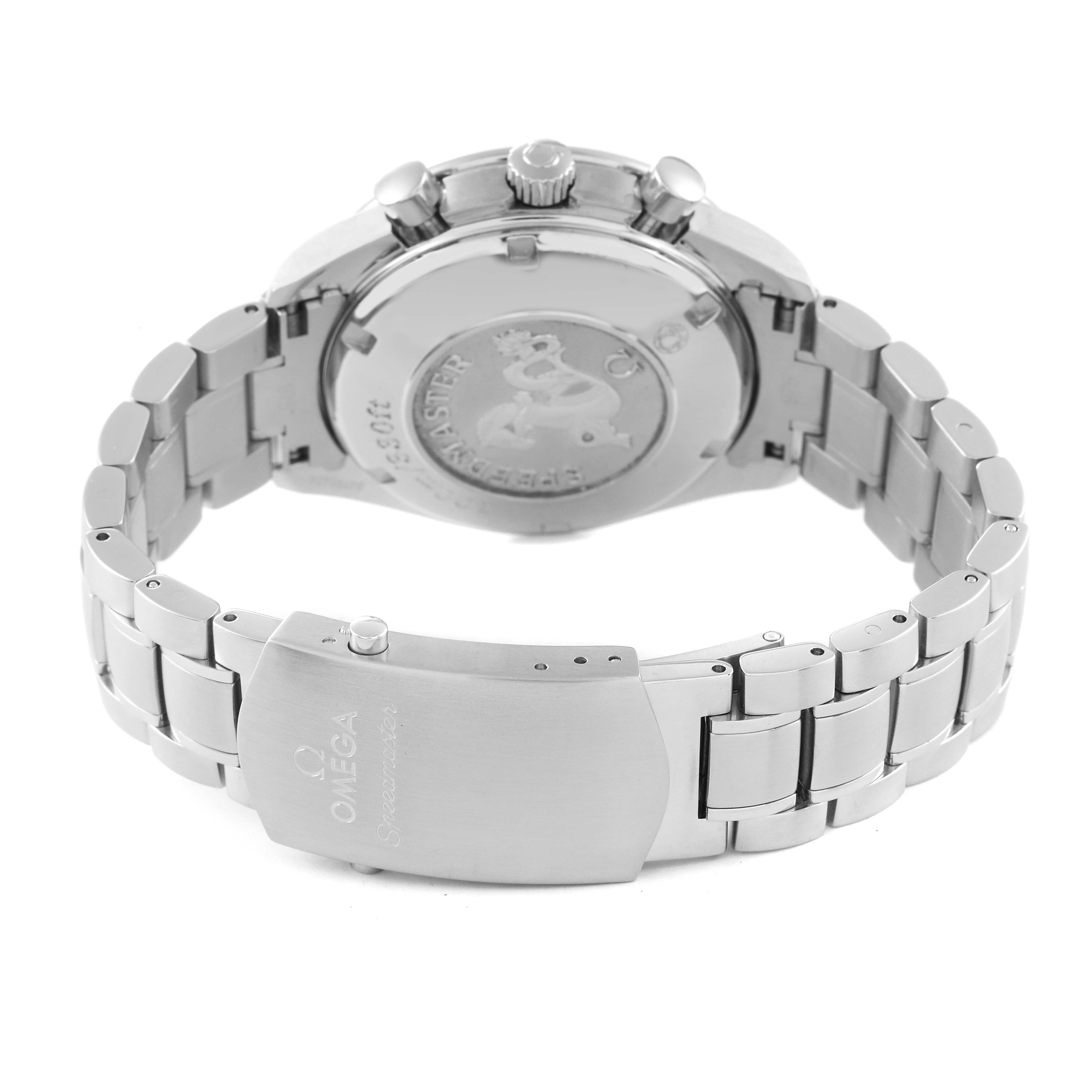 The image displays the back case and clasp of an Omega Speedmaster 3210.50.00 Men's Stainless Steel Black Dial 3210.50.00 Men's Stainless Steel Black Dial watch at a rear angle.