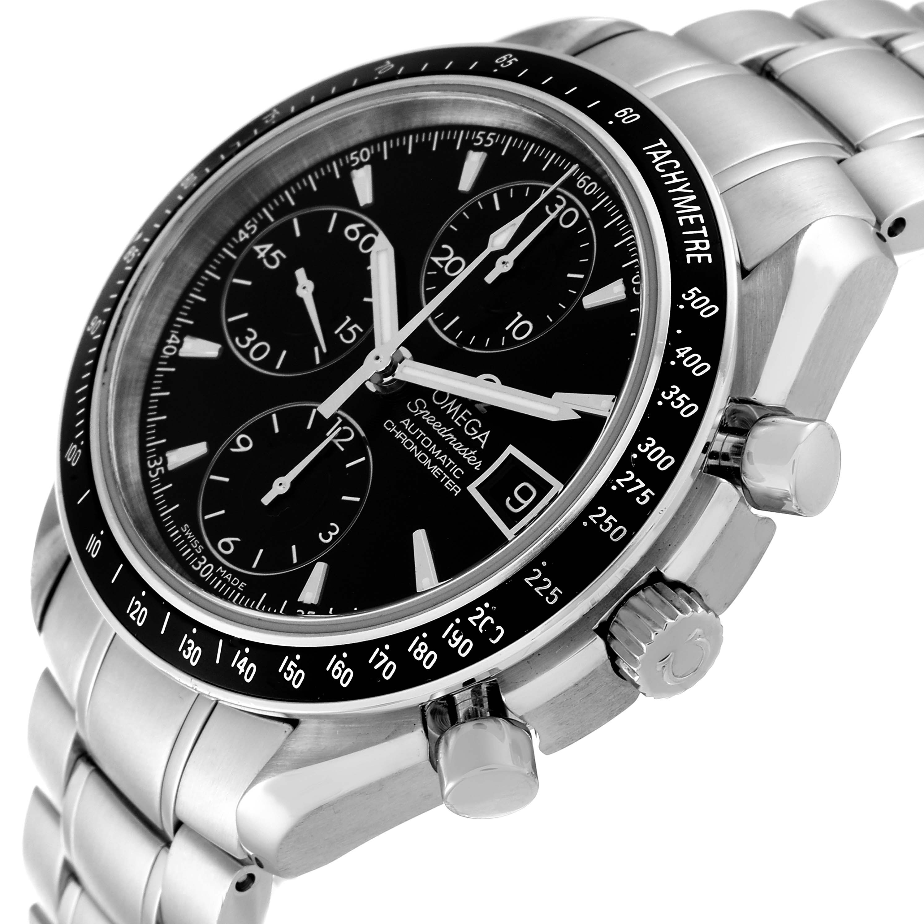 The Omega Speedmaster 3210.50.00 Men's Stainless Steel Black Dial 3210.50.00 Men's Stainless Steel Black Dial watch is shown at an angled close-up, highlighting the dial, tachymeter bezel, and side pushers.