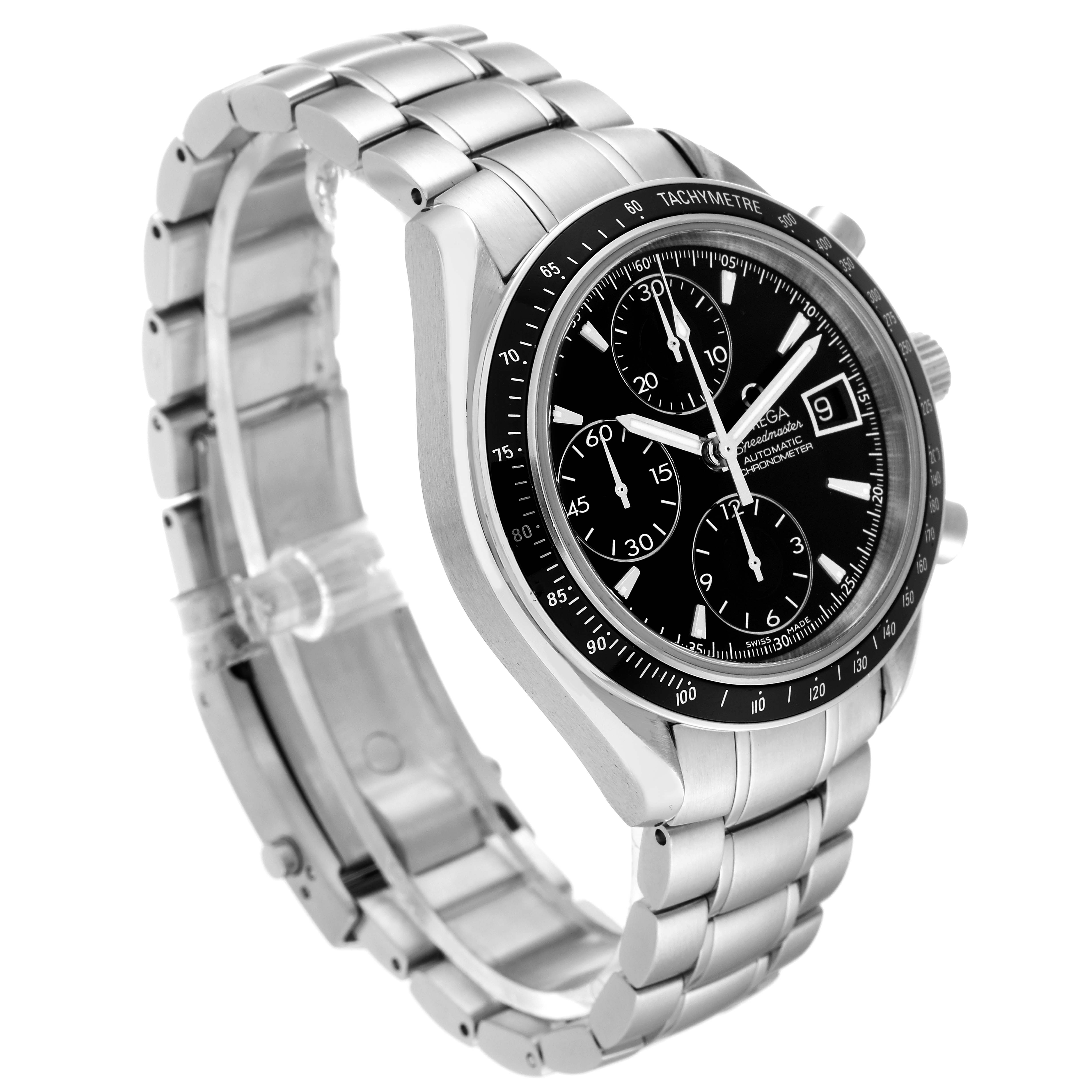 The image shows an Omega Speedmaster 3210.50.00 Men's Stainless Steel Black Dial 3210.50.00 Men's Stainless Steel Black Dial watch at a three-quarter angle, highlighting the dial, tachymeter bezel, and metal bracelet.