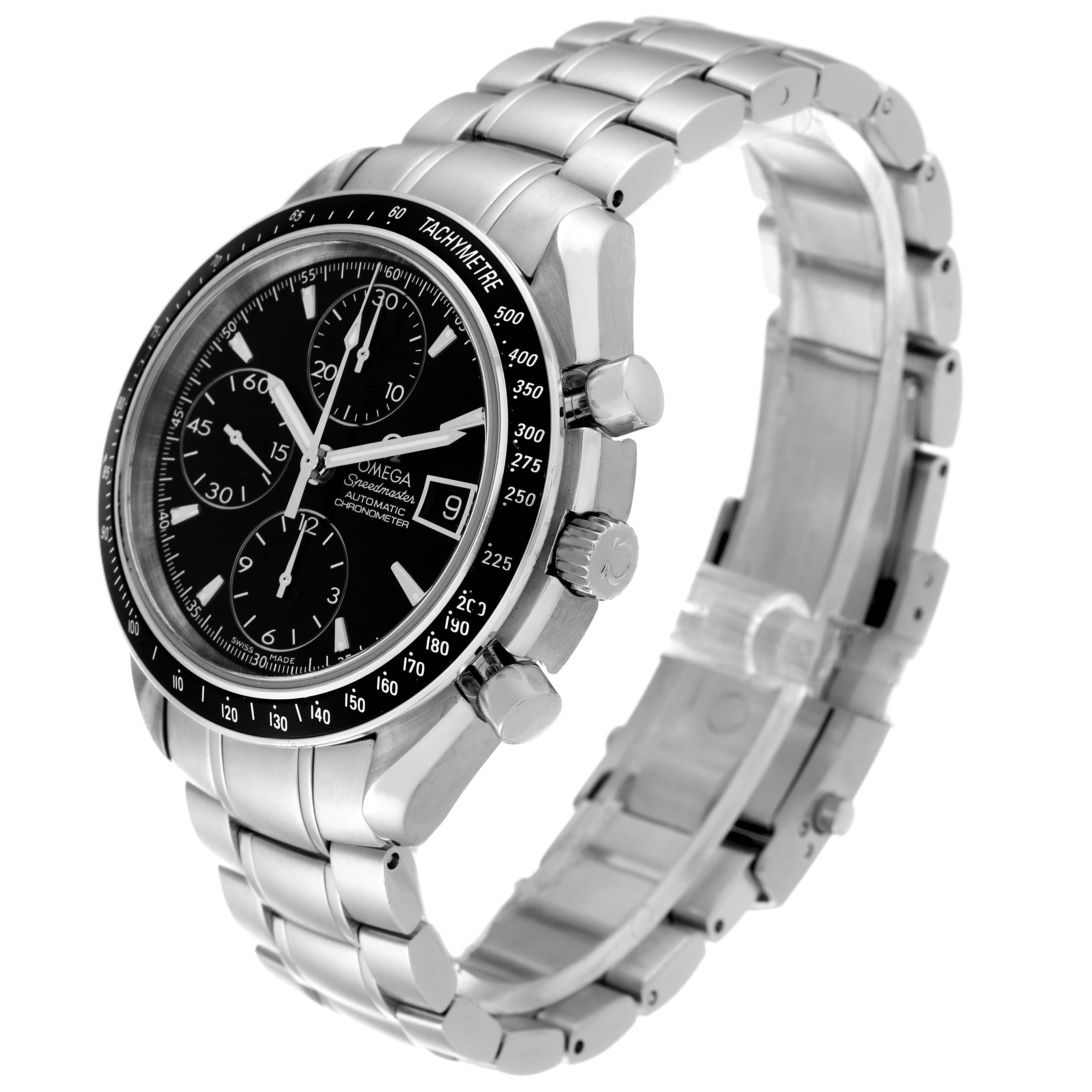 The image shows an Omega Speedmaster 3210.50.00 Men's Stainless Steel Black Dial 3210.50.00 Men's Stainless Steel Black Dial watch at a three-quarter angle, highlighting the dial, bezel, pushers, and stainless steel bracelet.