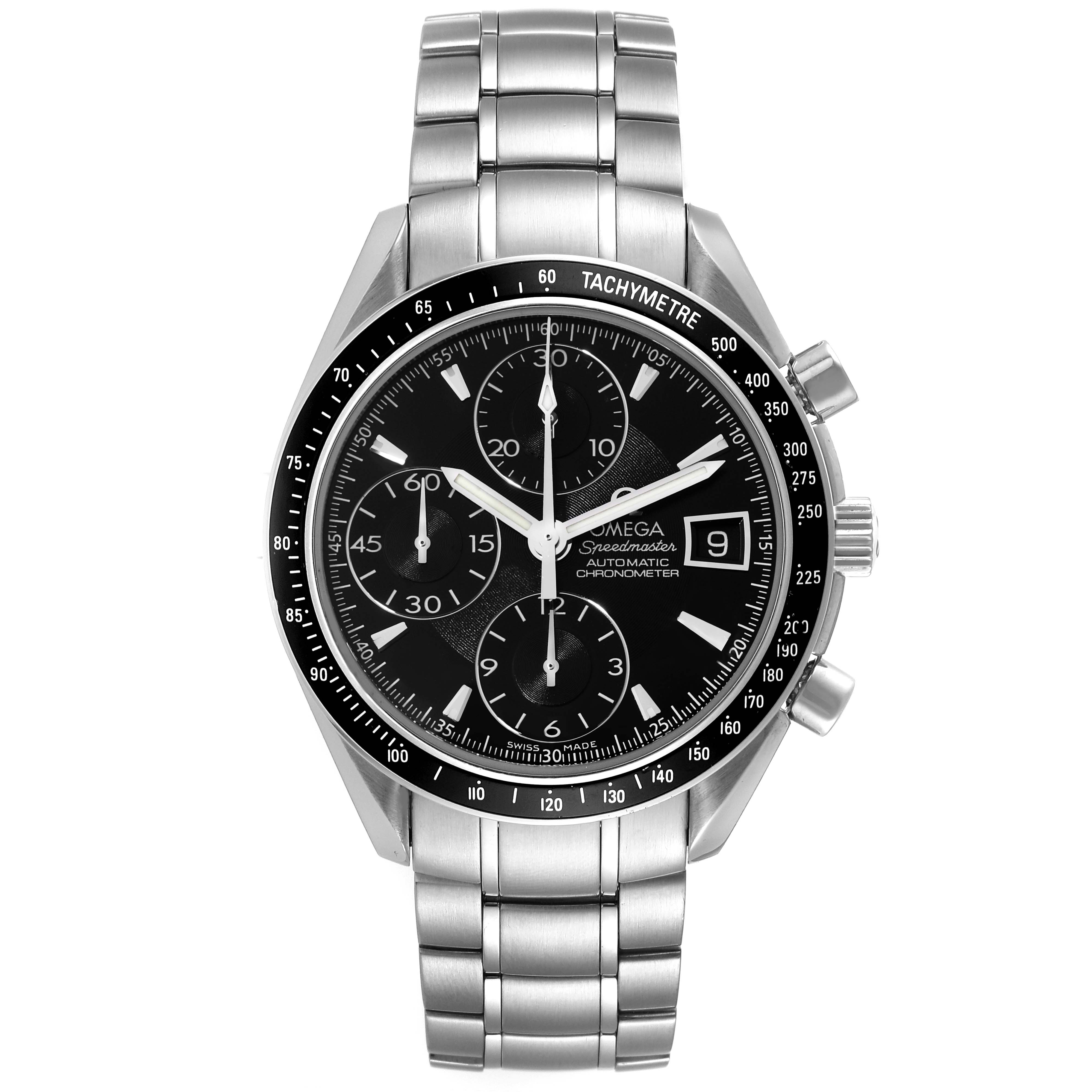 This image shows a front view of the Omega Speedmaster 3210.50.00 Men's Stainless Steel Black Dial 3210.50.00 Men's Stainless Steel Black Dial watch's face, bracelet, and side buttons.