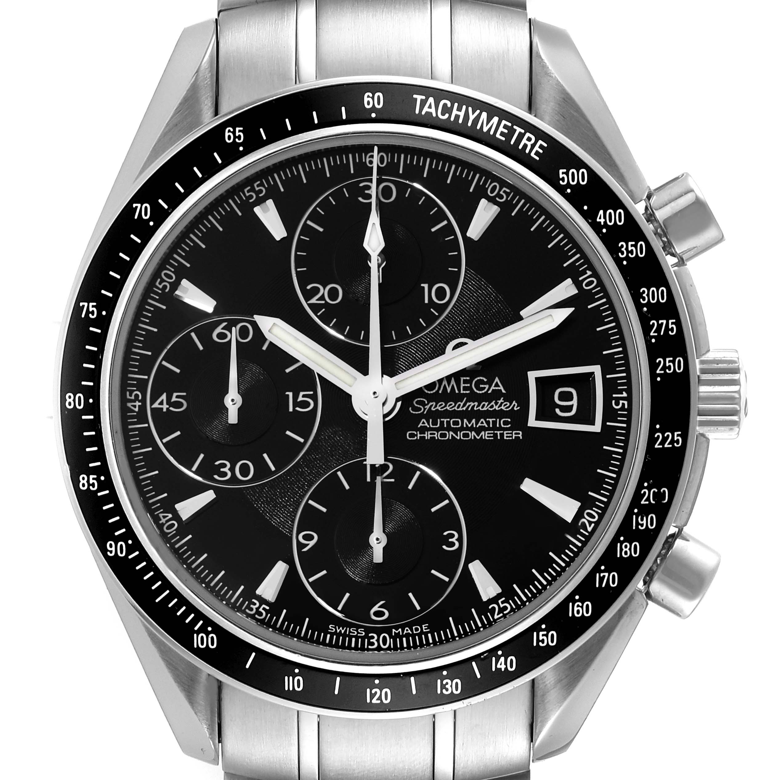 This image shows a front view of the Omega Speedmaster 3210.50.00 Men's Stainless Steel Black Dial 3210.50.00 Men's Stainless Steel Black Dial watch, highlighting its dial, chronograph sub-dials, tachymeter bezel, and date display.