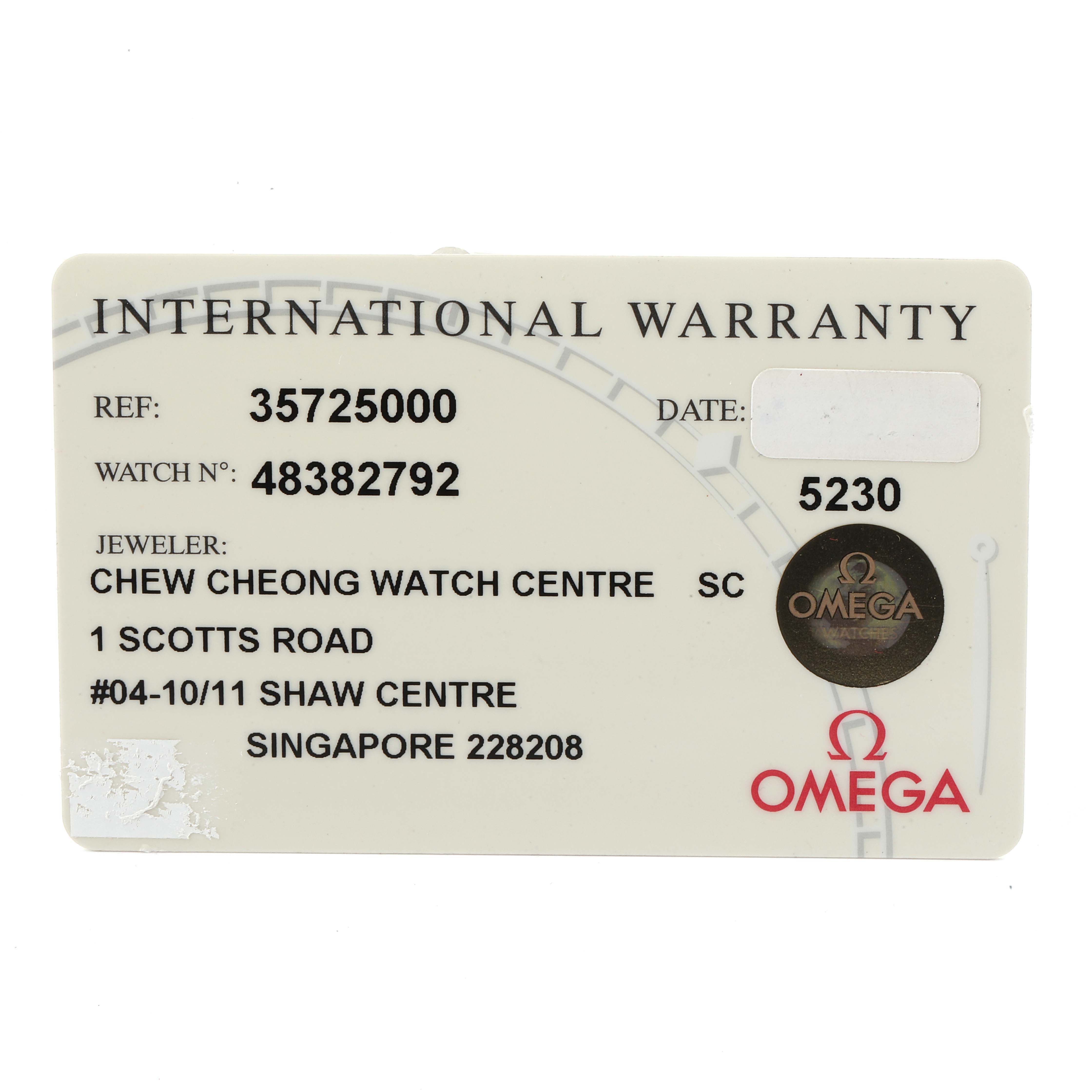 This image shows the International Warranty card for the Omega Speedmaster 3572.50.00 Men
s Stainless Steel Black Dial 3572.50.00 Men
s Stainless Steel Black Dial watch.