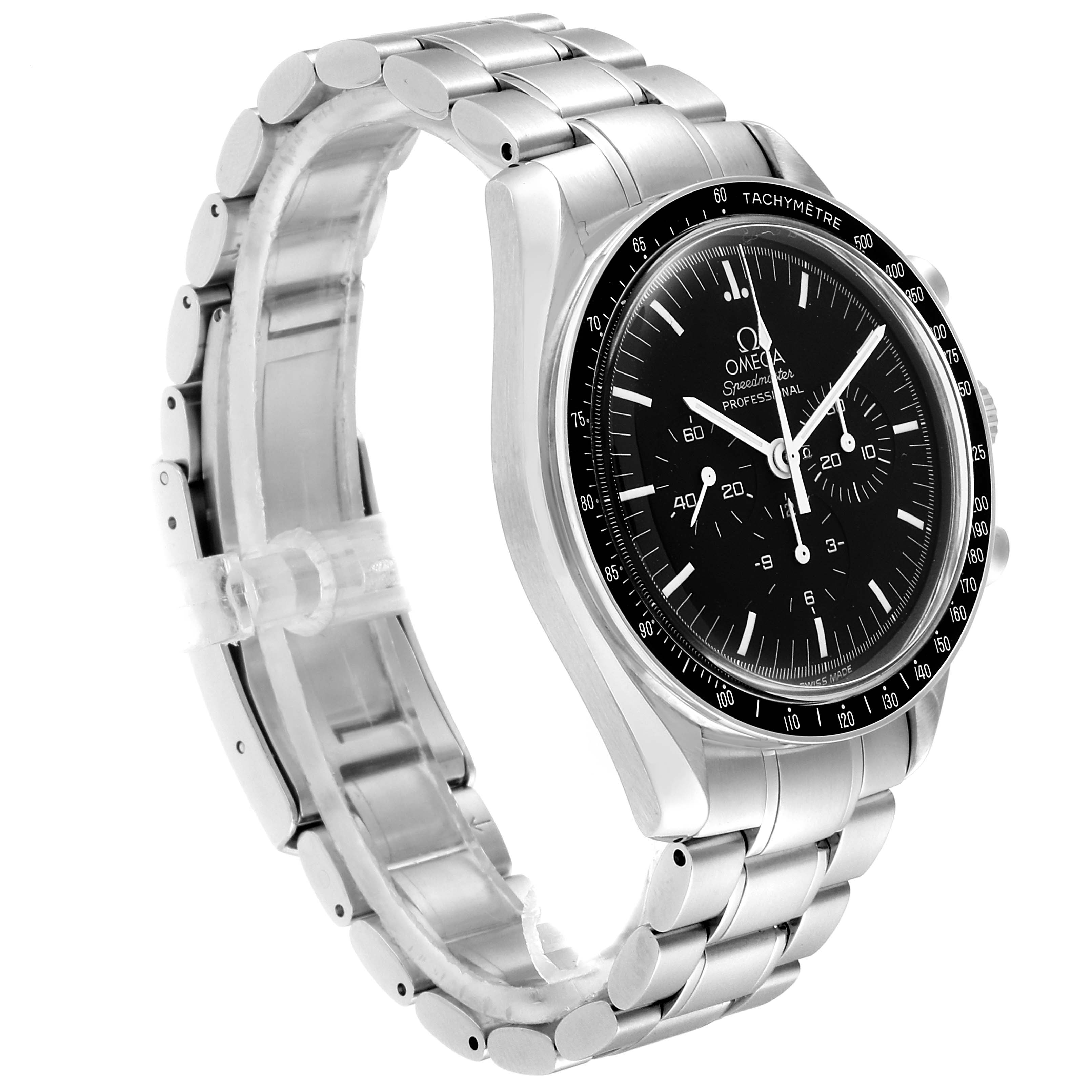 The image shows a side angle of an Omega Speedmaster 3572.50.00 Men
s Stainless Steel Black Dial 3572.50.00 Men
s Stainless Steel Black Dial watch, highlighting its black dial and stainless steel bracelet.