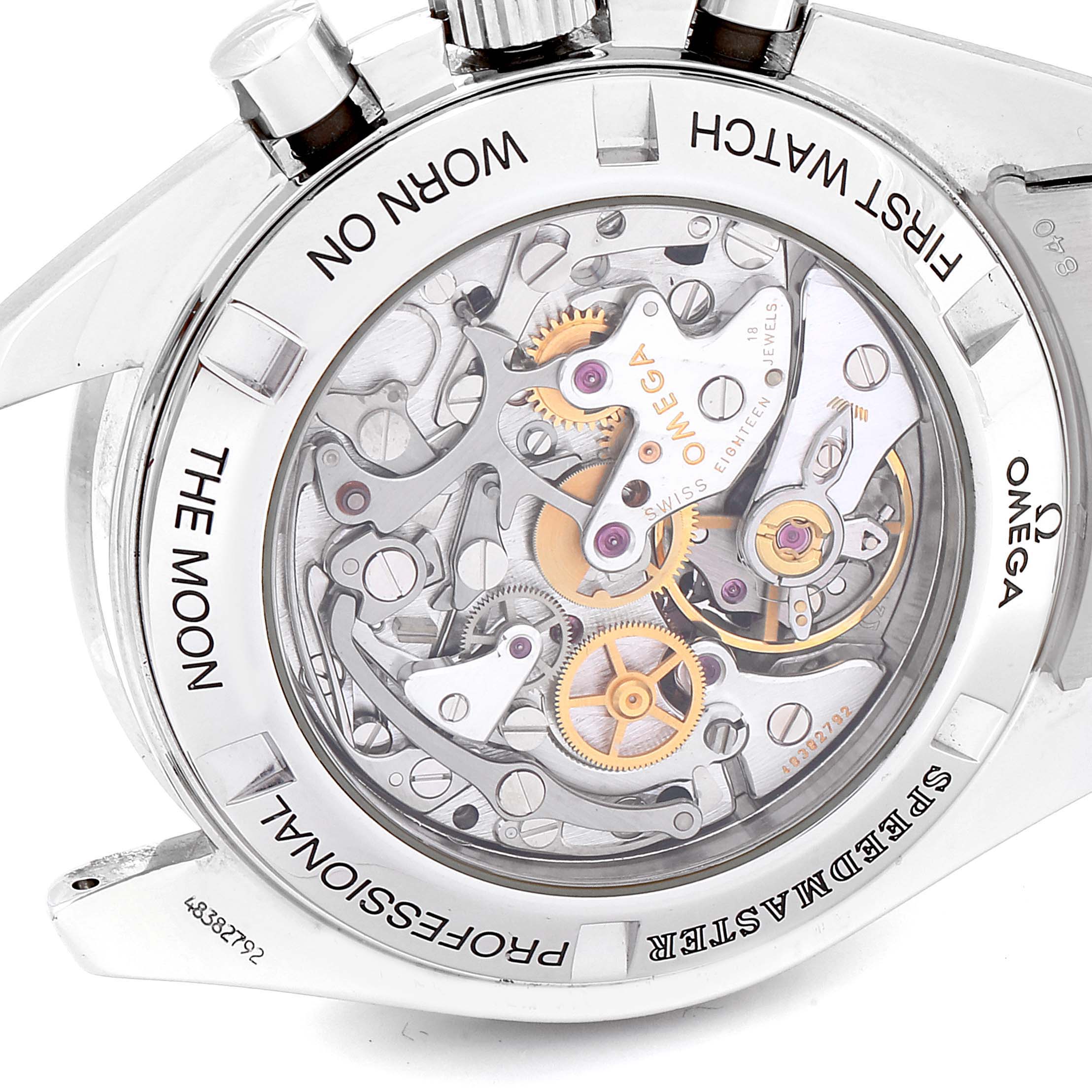 The image shows the open case back of an Omega Speedmaster 3572.50.00 Men
s Stainless Steel Black Dial 3572.50.00 Men
s Stainless Steel Black Dial watch, highlighting its intricate movement mechanism.