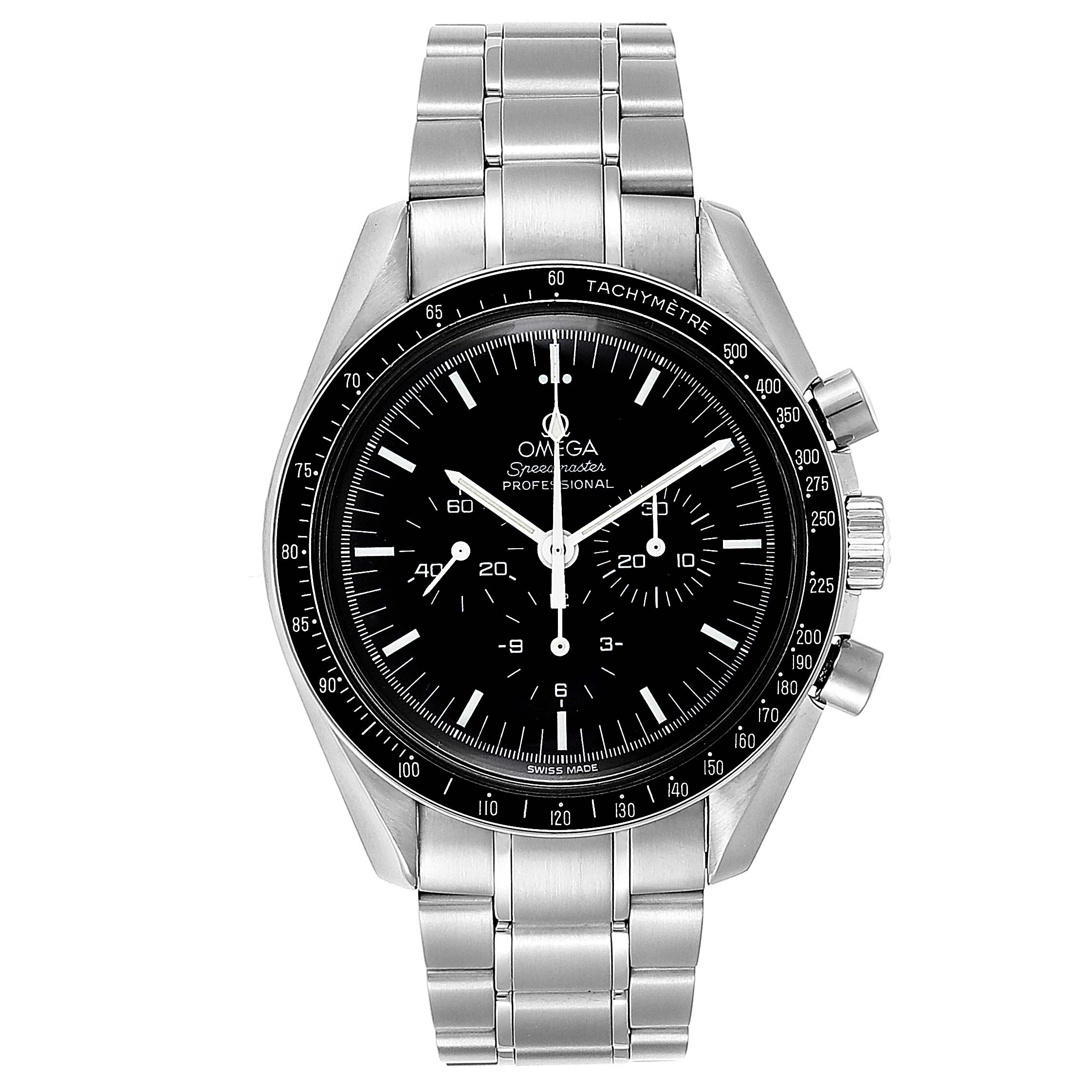 The Omega Speedmaster 3572.50.00 Men
s Stainless Steel Black Dial 3572.50.00 Men
s Stainless Steel Black Dial watch is shown from a front angle, highlighting its face, bezel, and metal bracelet.