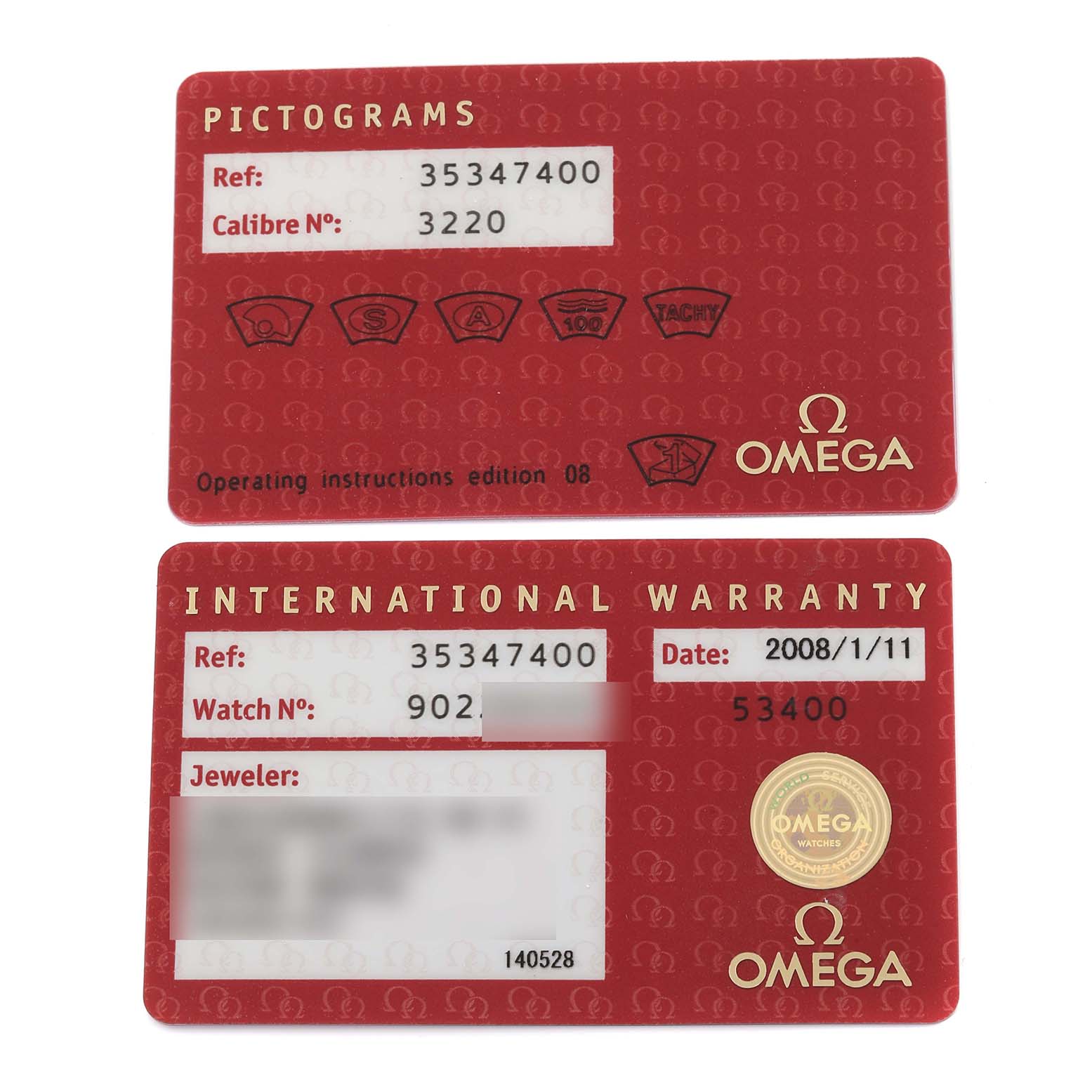 The image shows the front side of two red cards for the Omega Speedmaster 3534.74.00 Men's Stainless Steel Mother of Pearl Dial 3534.74.00 Men's Stainless Steel Mother of Pearl Dial, one for pictograms and another for international warranty.