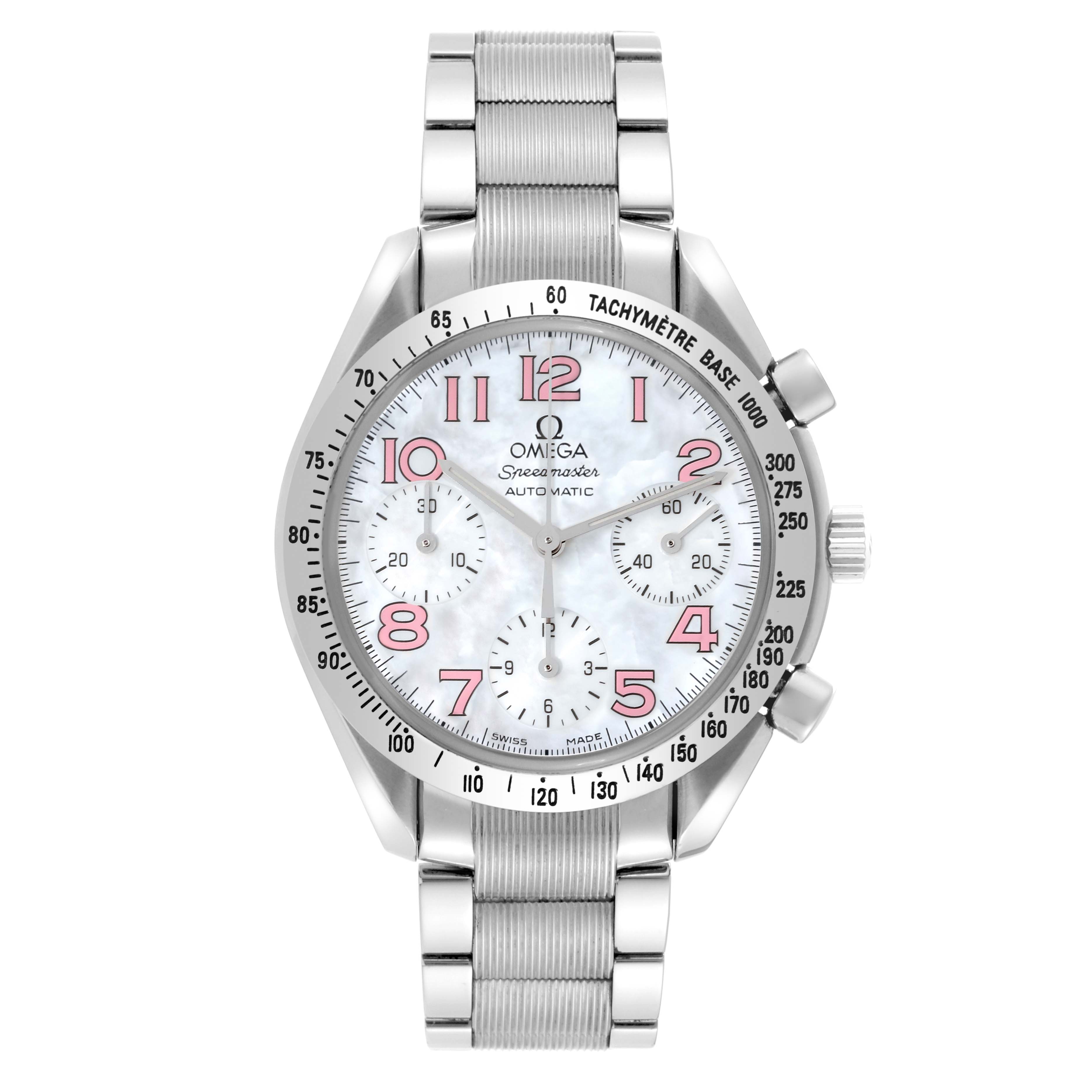This image shows a front view of an Omega Speedmaster 3534.74.00 Men's Stainless Steel Mother of Pearl Dial 3534.74.00 Men's Stainless Steel Mother of Pearl Dial watch, highlighting its face, tachymeter bezel, and metal bracelet.