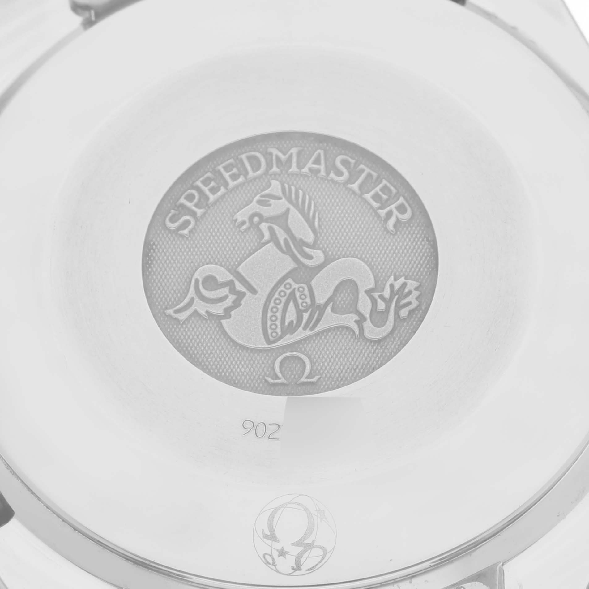 The image shows the case back of an Omega Speedmaster 3534.74.00 Men's Stainless Steel Mother of Pearl Dial 3534.74.00 Men's Stainless Steel Mother of Pearl Dial watch, featuring the Speedmaster logo and the Omega symbol.