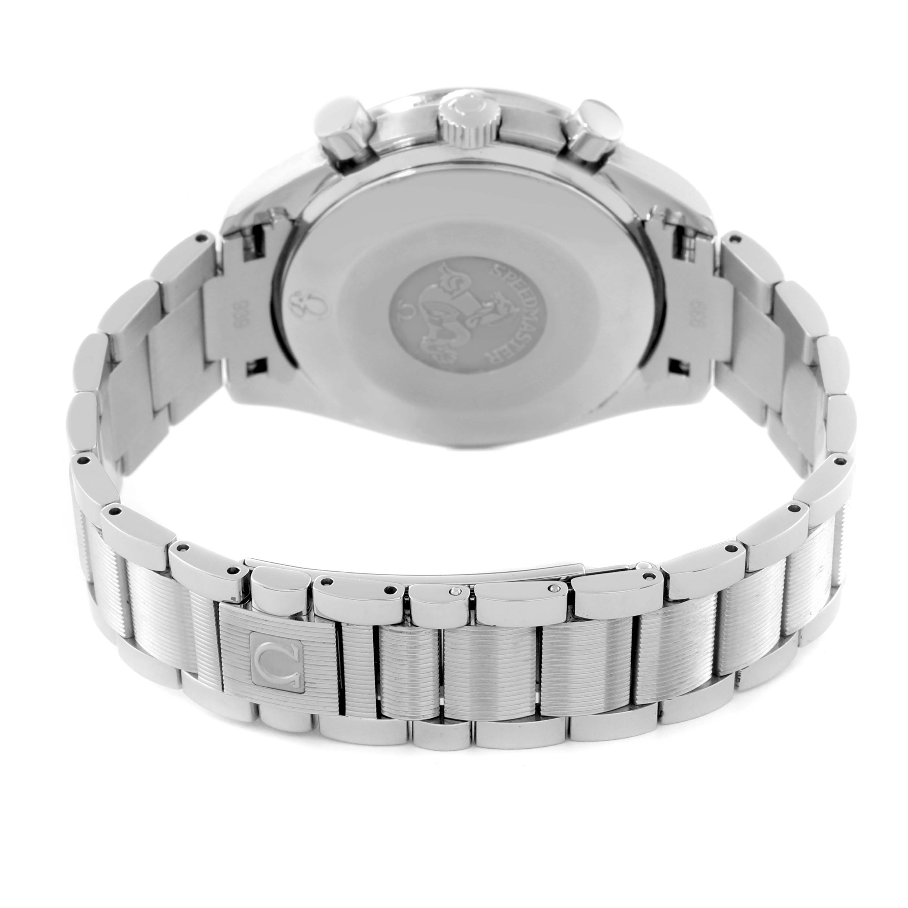 This image shows the back view of the Omega Speedmaster 3534.74.00 Men's Stainless Steel Mother of Pearl Dial 3534.74.00 Men's Stainless Steel Mother of Pearl Dial watch, highlighting its stainless steel bracelet and clasp.