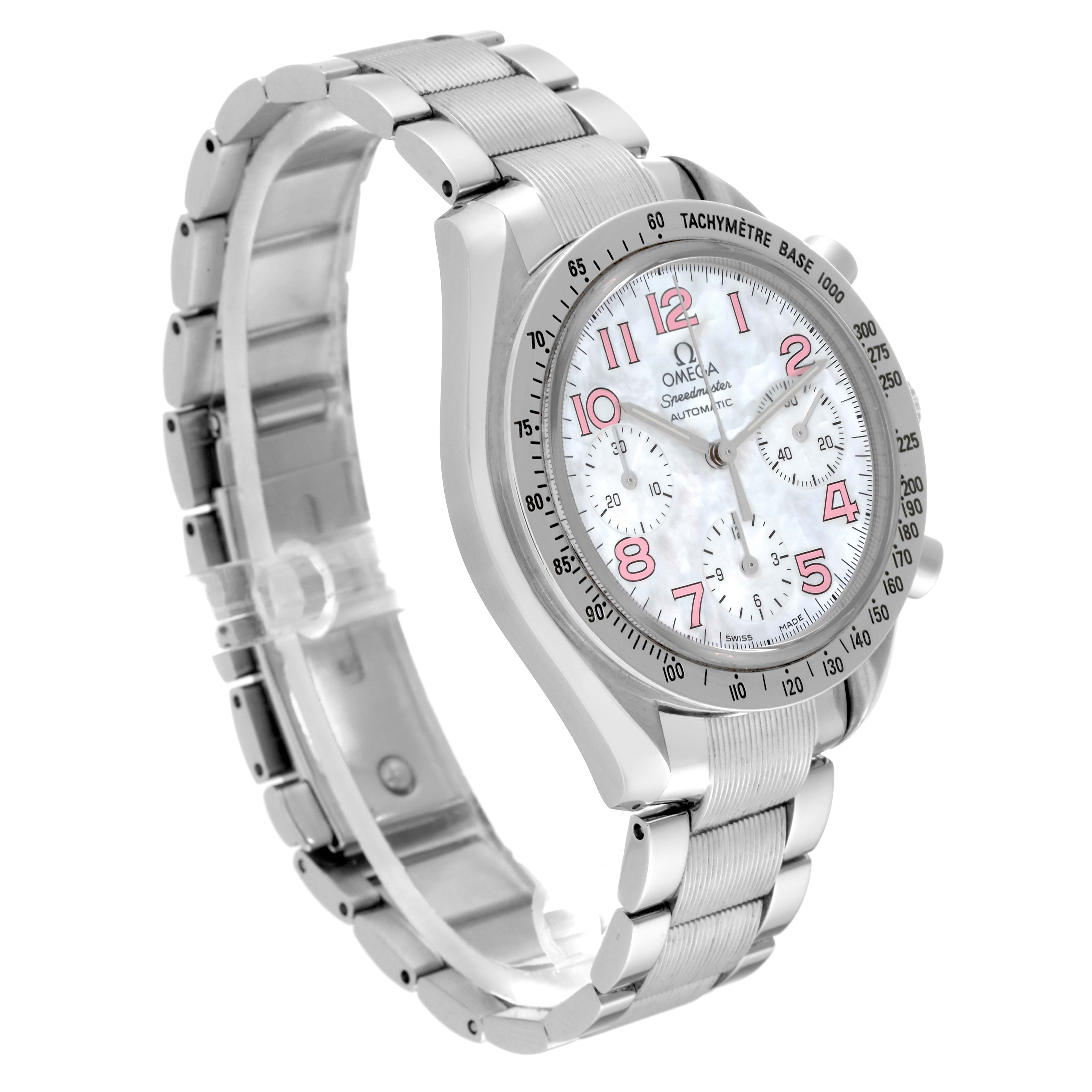 The Omega Speedmaster 3534.74.00 Men's Stainless Steel Mother of Pearl Dial 3534.74.00 Men's Stainless Steel Mother of Pearl Dial watch is shown at a three-quarter angle, highlighting the dial, tachymeter bezel, and metal bracelet.
