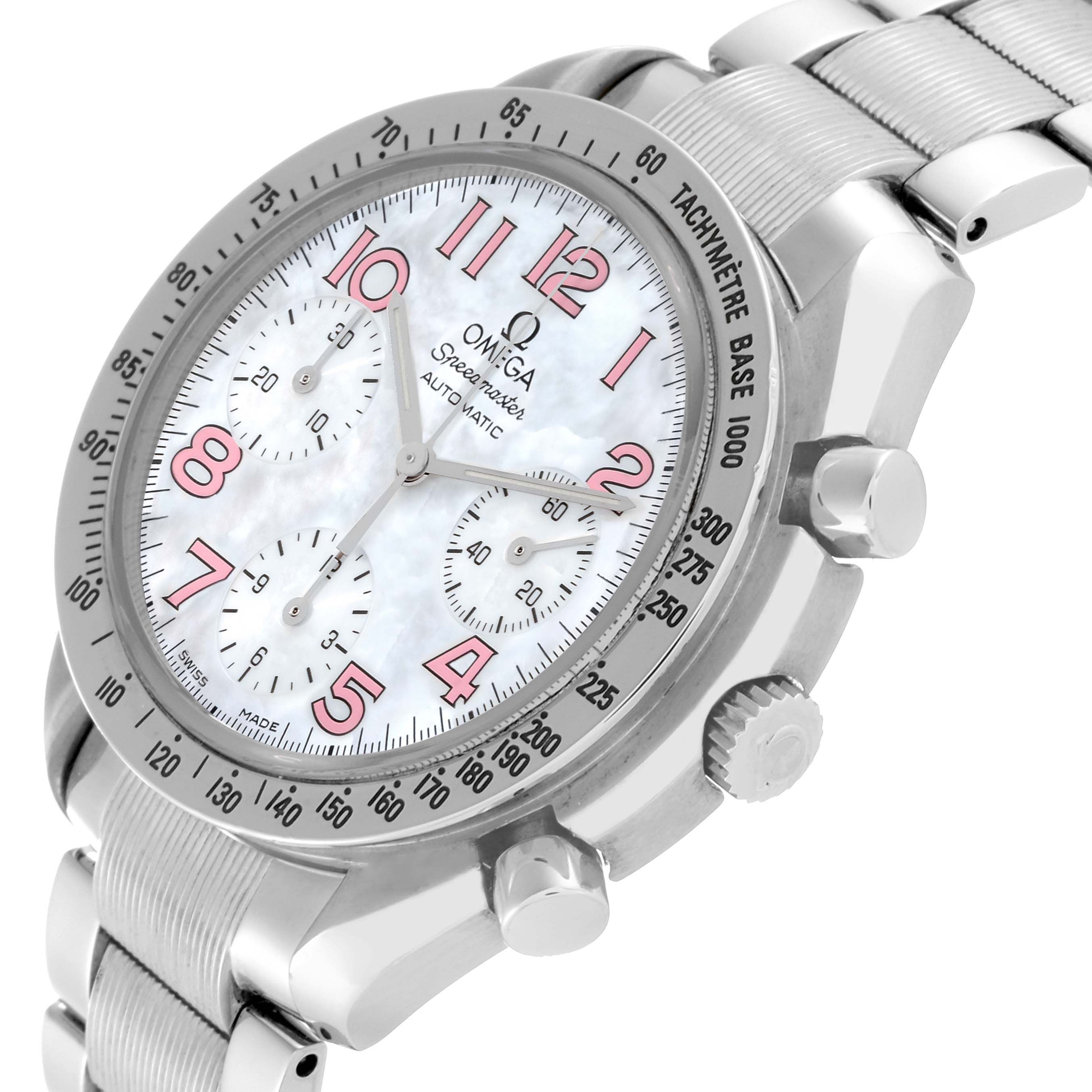 The Omega Speedmaster 3534.74.00 Men's Stainless Steel Mother of Pearl Dial 3534.74.00 Men's Stainless Steel Mother of Pearl Dial watch is shown at a slight angle, highlighting the face, bezel, and part of the bracelet.