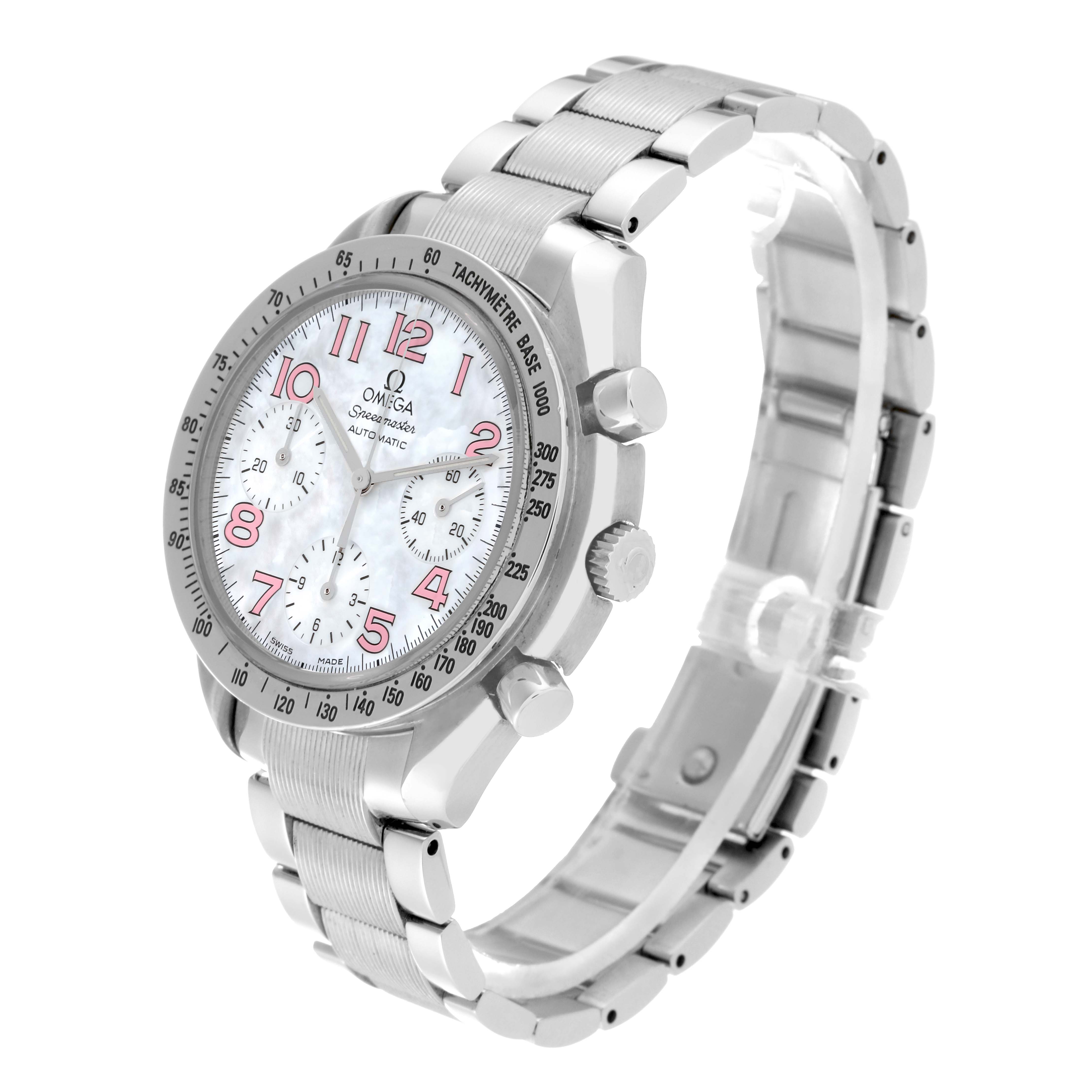 This image shows an angled view of the Omega Speedmaster 3534.74.00 Men's Stainless Steel Mother of Pearl Dial 3534.74.00 Men's Stainless Steel Mother of Pearl Dial, featuring the face, bracelet, and side buttons.