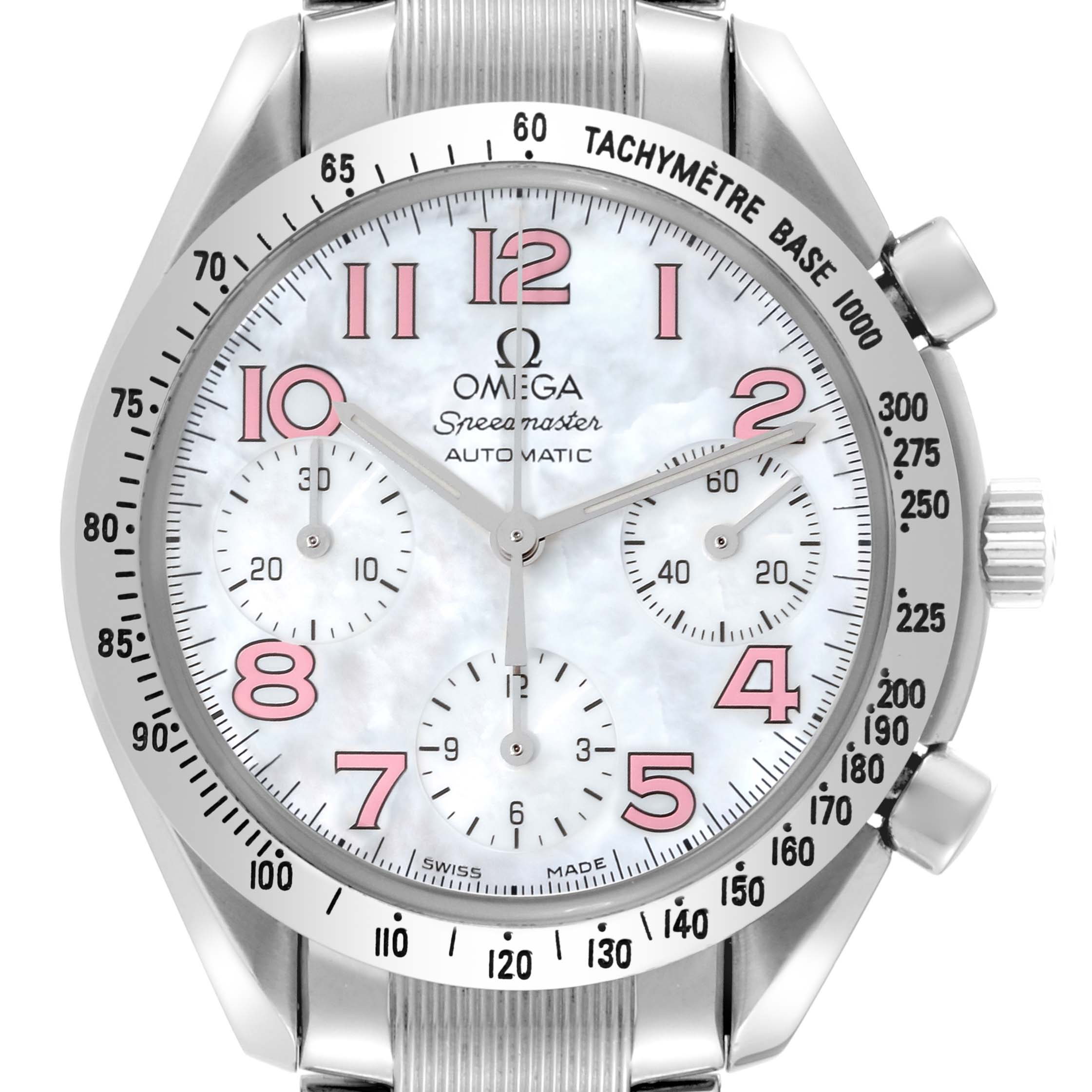 The image shows a front view of an Omega Speedmaster 3534.74.00 Men's Stainless Steel Mother of Pearl Dial 3534.74.00 Men's Stainless Steel Mother of Pearl Dial watch, highlighting its dial, subdials, and tachymeter bezel.