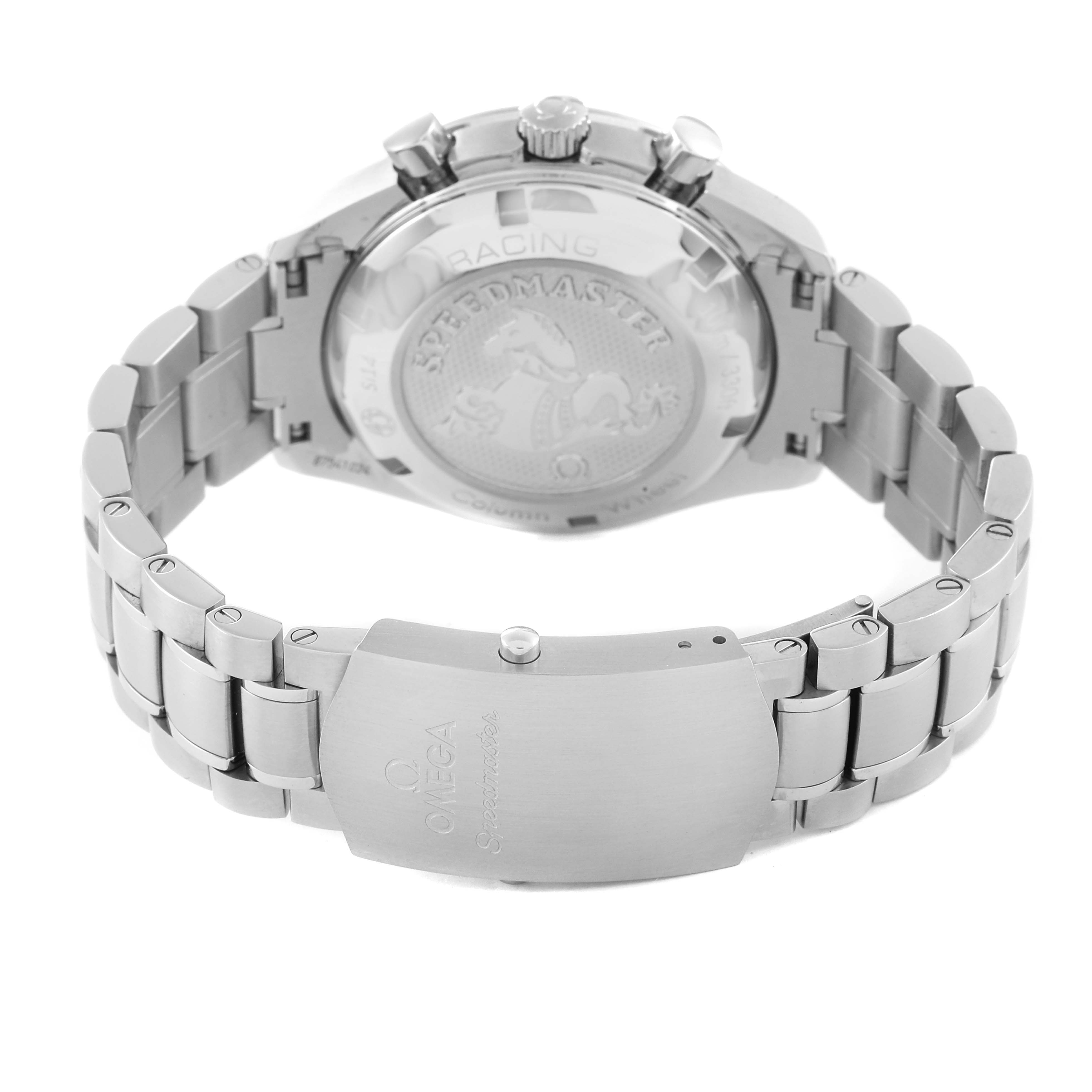 The image shows the back view of the Omega Speedmaster 326.30.40.50.02.001 Men's Stainless Steel Silver Dial 326.30.40.50.02.001 Men's Stainless Steel Silver Dial watch and its closed metallic bracelet.