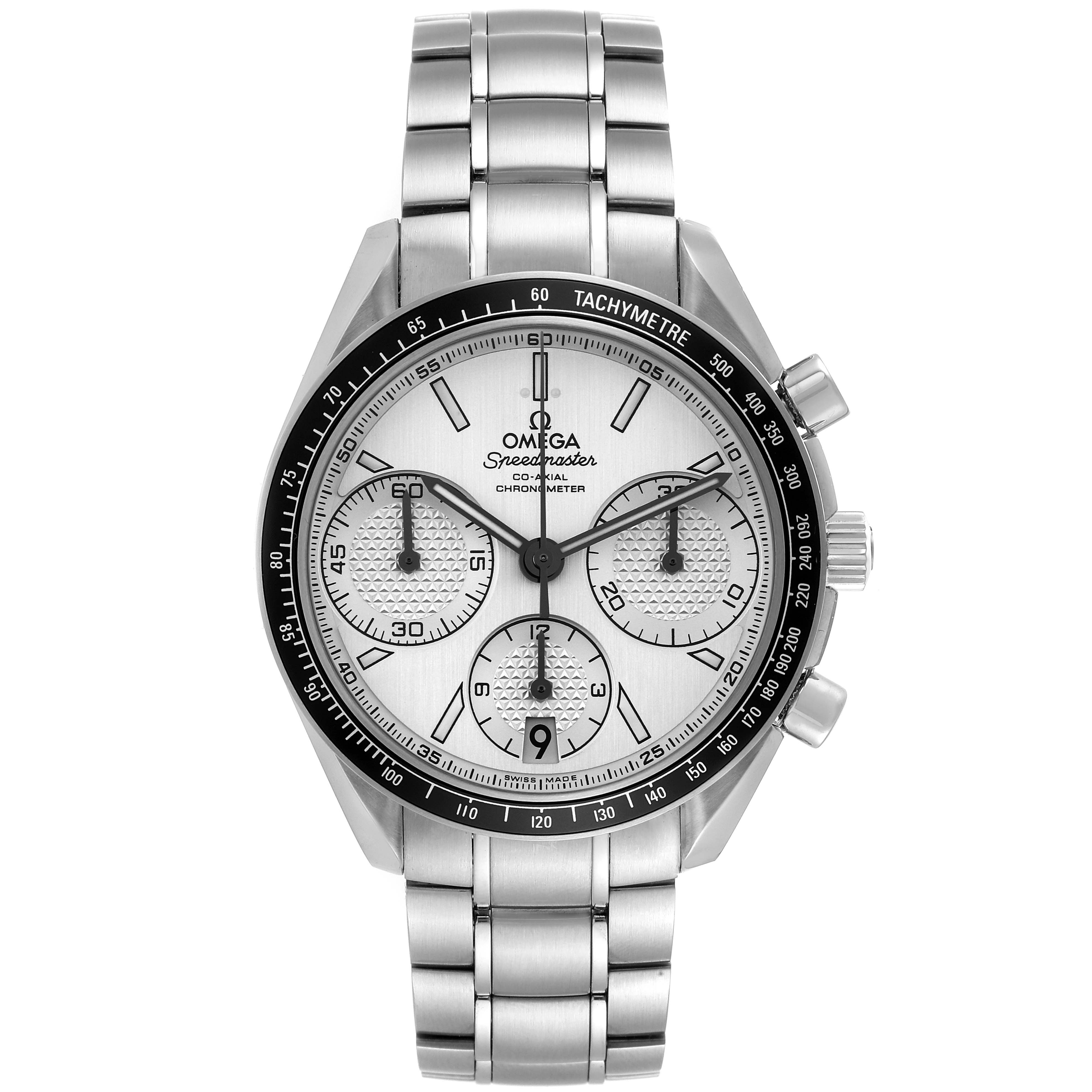 This image shows a front view of the Omega Speedmaster 326.30.40.50.02.001 Men's Stainless Steel Silver Dial 326.30.40.50.02.001 Men's Stainless Steel Silver Dial watch, highlighting the dial, bezel, bracelet, and side pushers.