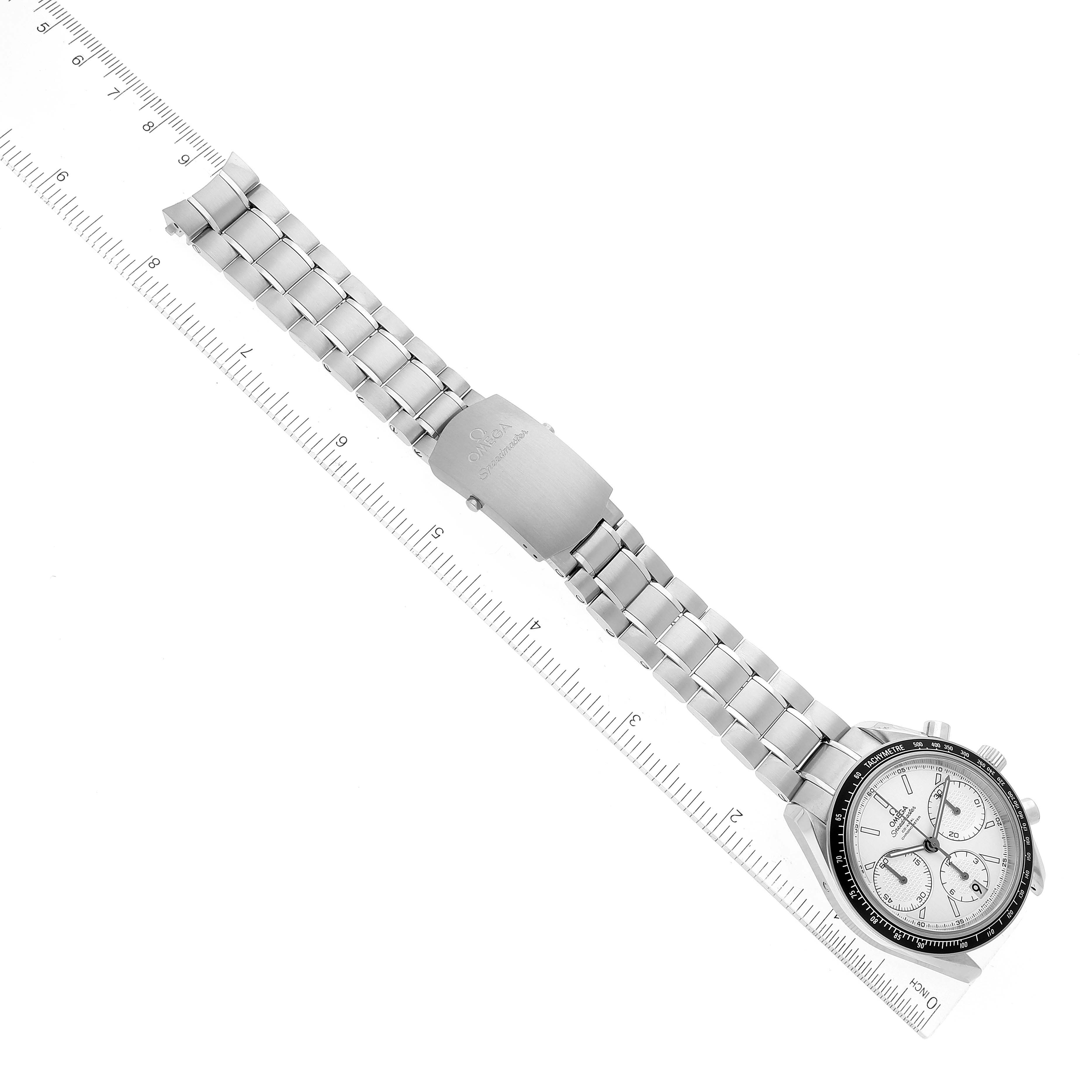 The image shows an Omega Speedmaster 326.30.40.50.02.001 Men's Stainless Steel Silver Dial 326.30.40.50.02.001 Men's Stainless Steel Silver Dial watch laid flat, showcasing its stainless steel bracelet, clasp, and face from a top-down angle.