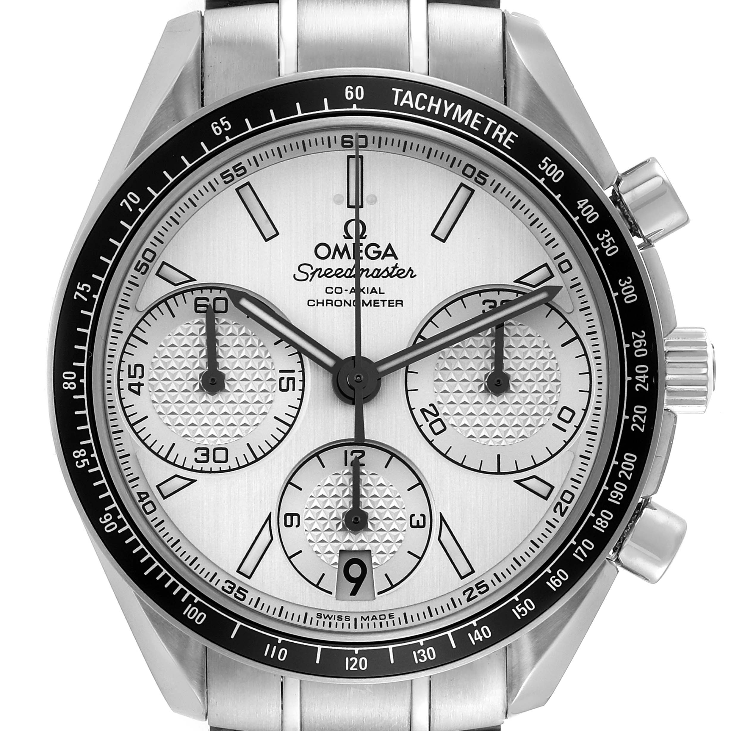 The image shows a front view of the Omega Speedmaster 326.30.40.50.02.001 Men's Stainless Steel Silver Dial 326.30.40.50.02.001 Men's Stainless Steel Silver Dial watch, displaying its dial, subdials, and tachymeter bezel.