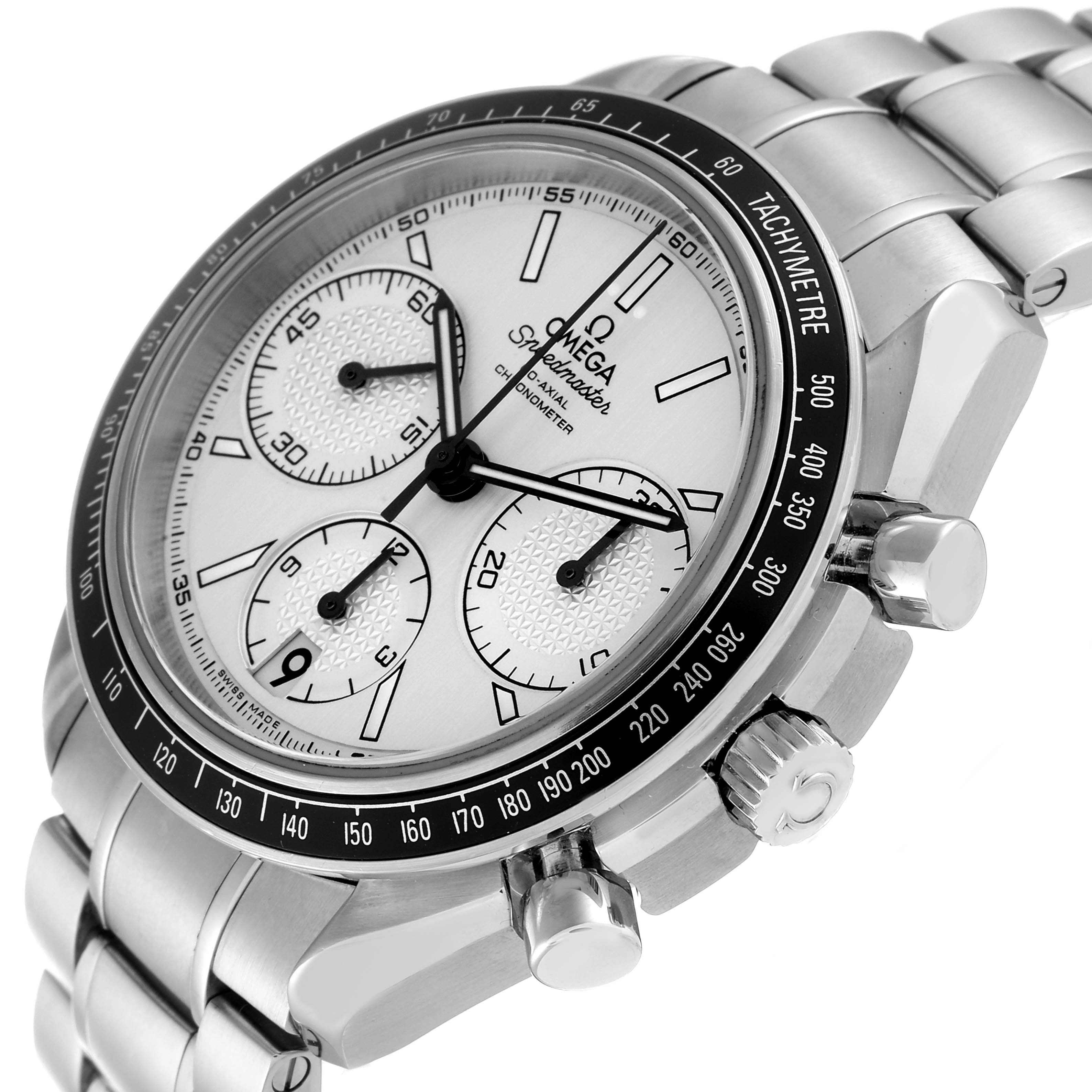 The image shows a side view of the Omega Speedmaster 326.30.40.50.02.001 Men's Stainless Steel Silver Dial 326.30.40.50.02.001 Men's Stainless Steel Silver Dial watch, highlighting the dial, chronograph subdials, tachymeter bezel, and stainless steel bracelet.