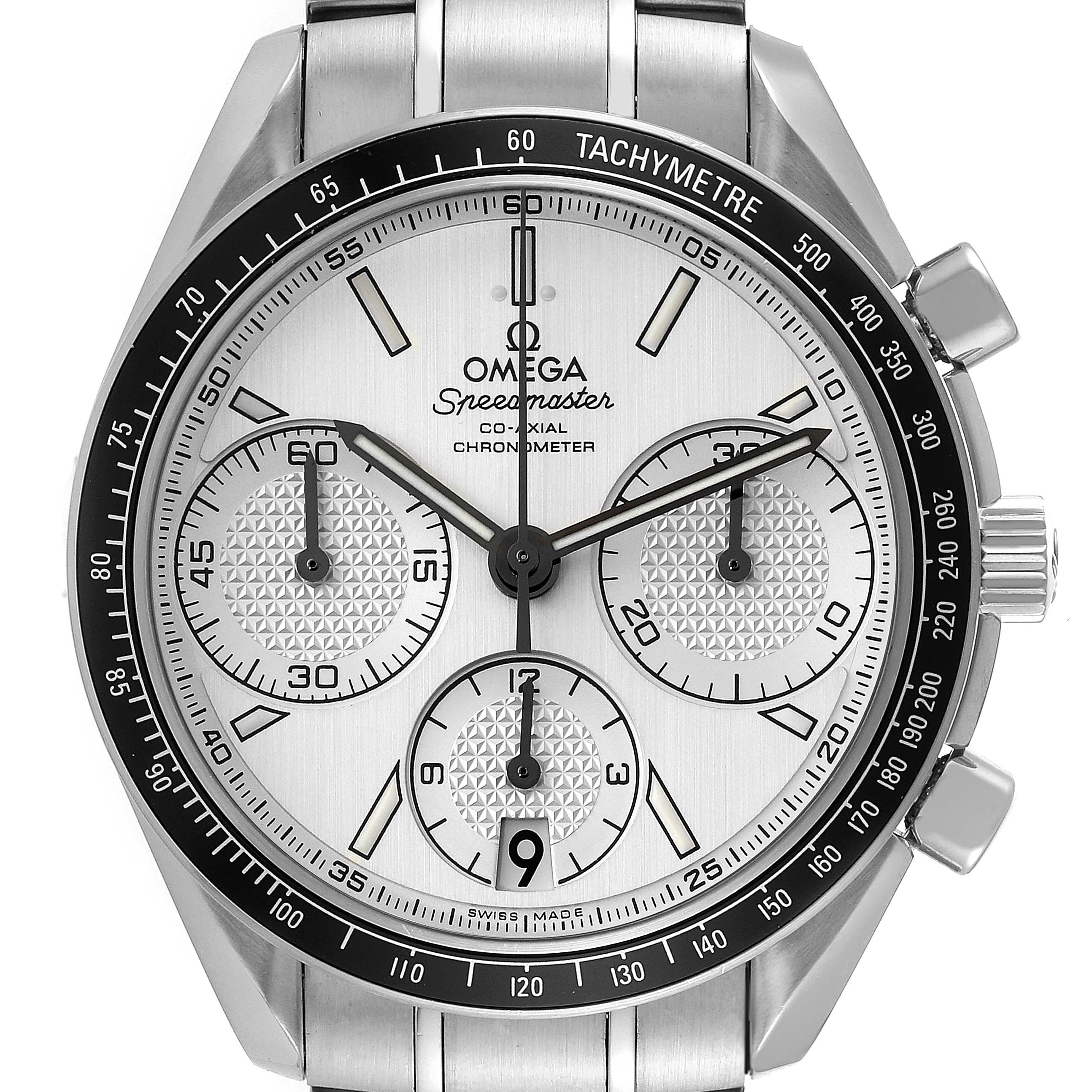 This image shows a close-up, front view of an Omega Speedmaster 326.30.40.50.02.001 Men's Stainless Steel Silver Dial 326.30.40.50.02.001 Men's Stainless Steel Silver Dial watch, highlighting its dial, chronograph subdials, and tachymeter bezel.