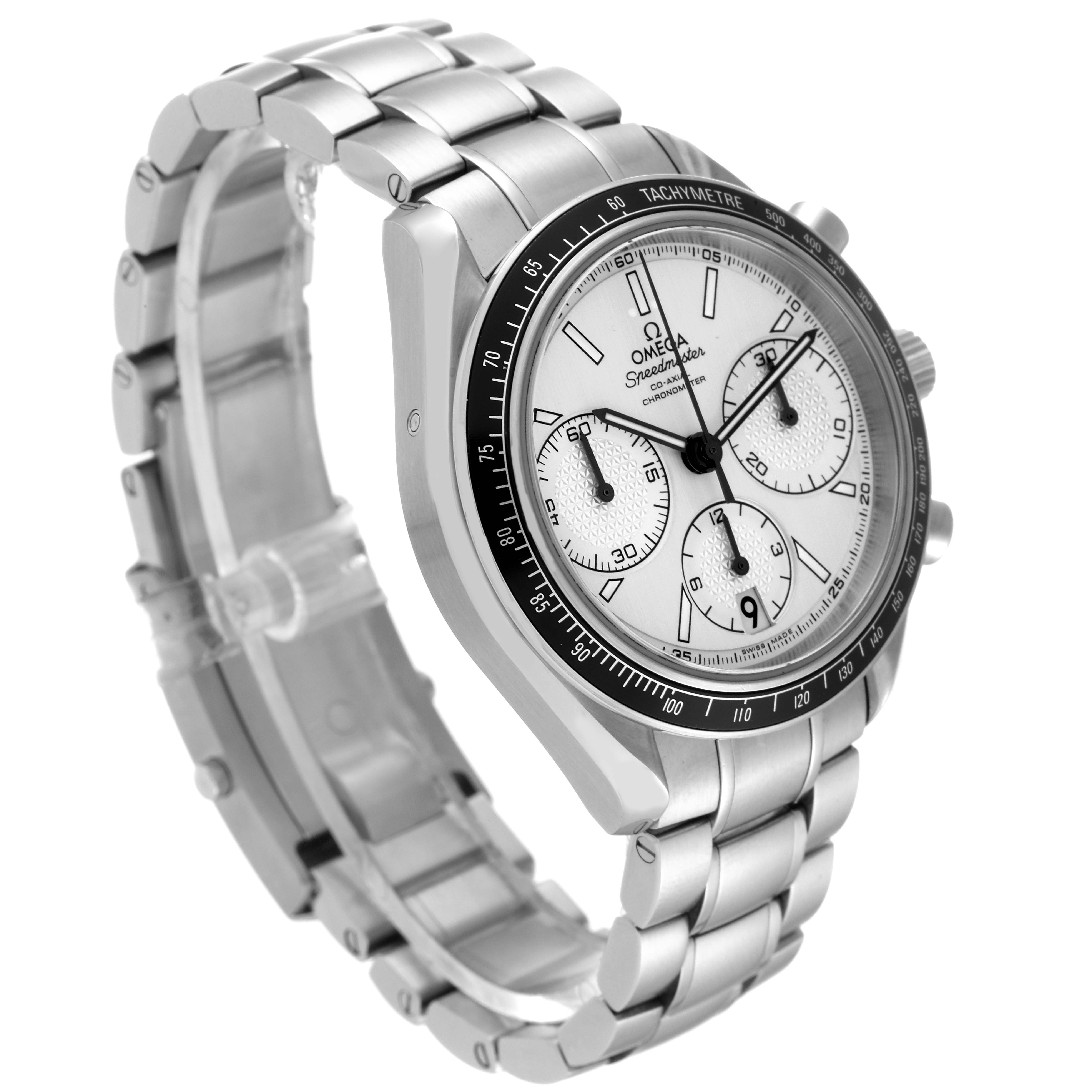 The Omega Speedmaster 326.30.40.50.02.001 Men's Stainless Steel Silver Dial 326.30.40.50.02.001 Men's Stainless Steel Silver Dial watch is shown at a three-quarter angle, highlighting its face, bezel, and stainless steel bracelet.