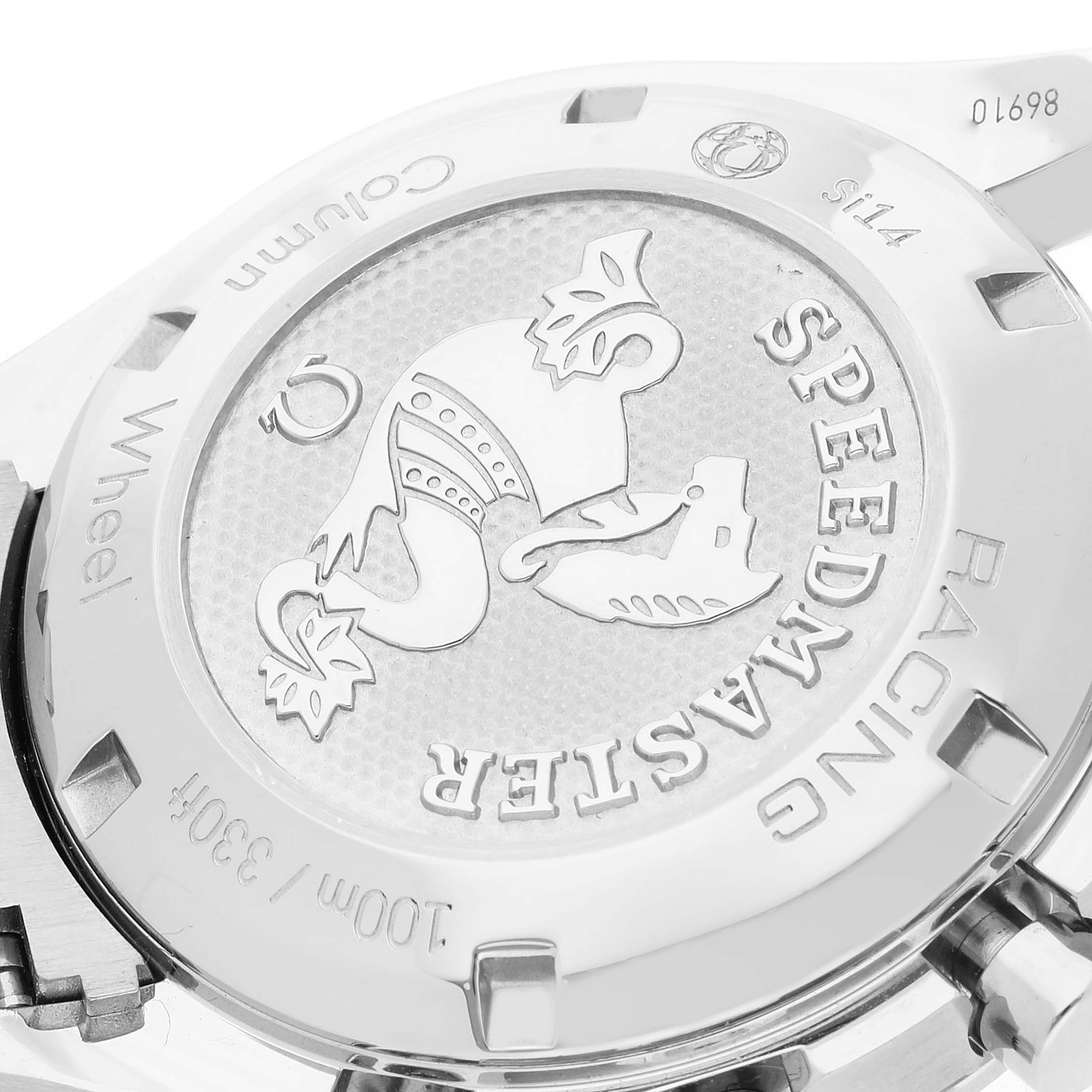 The image shows the back case of an Omega Speedmaster 326.30.40.50.02.001 Men's Stainless Steel Silver Dial 326.30.40.50.02.001 Men's Stainless Steel Silver Dial watch, featuring the logo and engravings.