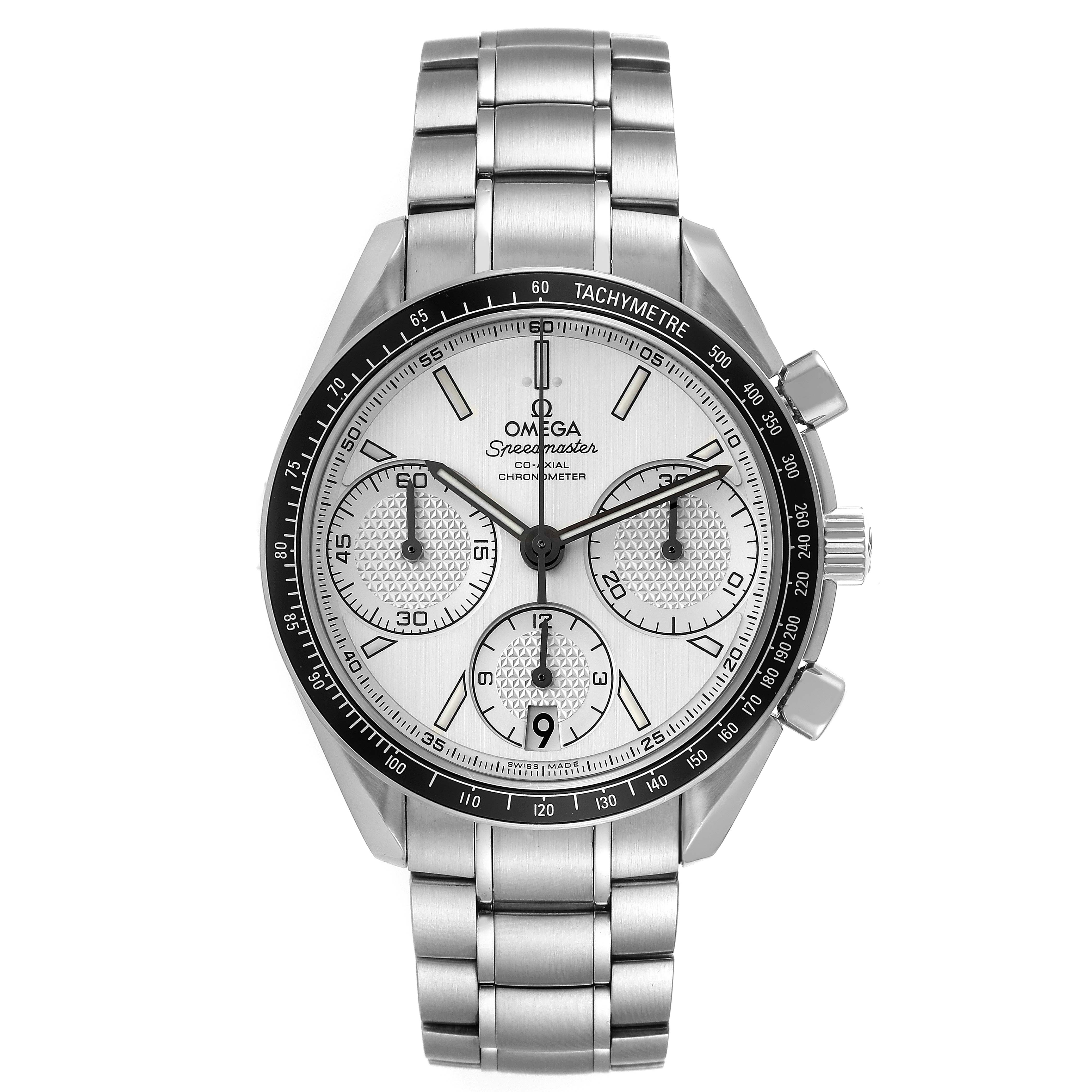 The image shows a frontal view of the Omega Speedmaster 326.30.40.50.02.001 Men's Stainless Steel Silver Dial 326.30.40.50.02.001 Men's Stainless Steel Silver Dial watch, displaying the face, bezel, and metal bracelet.