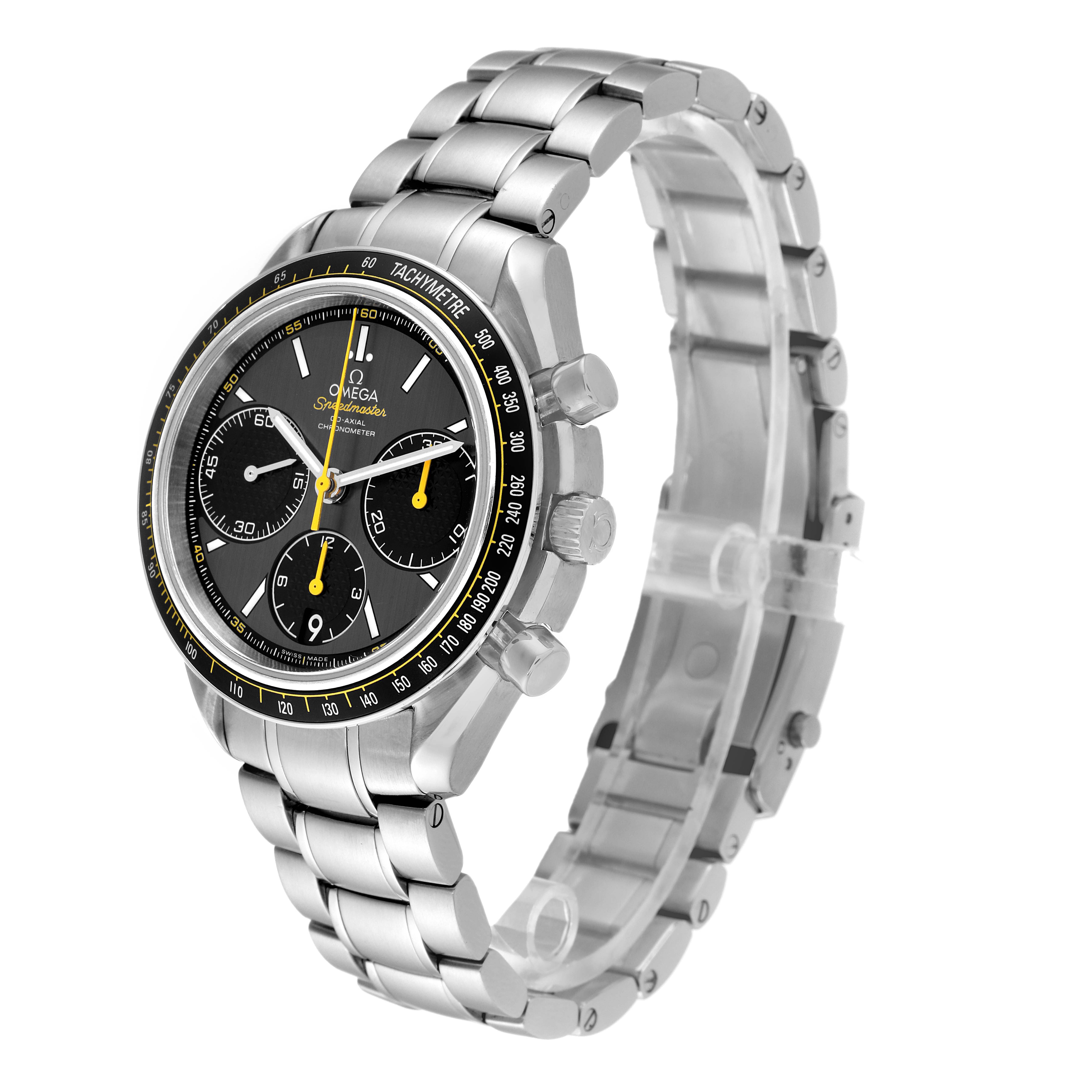 This image shows an Omega Speedmaster 326.30.40.50.06.001 Men
s Stainless Steel Grey Dial 326.30.40.50.06.001 Men
s Stainless Steel Grey Dial watch at a three-quarter angle emphasizing the bracelet and face.