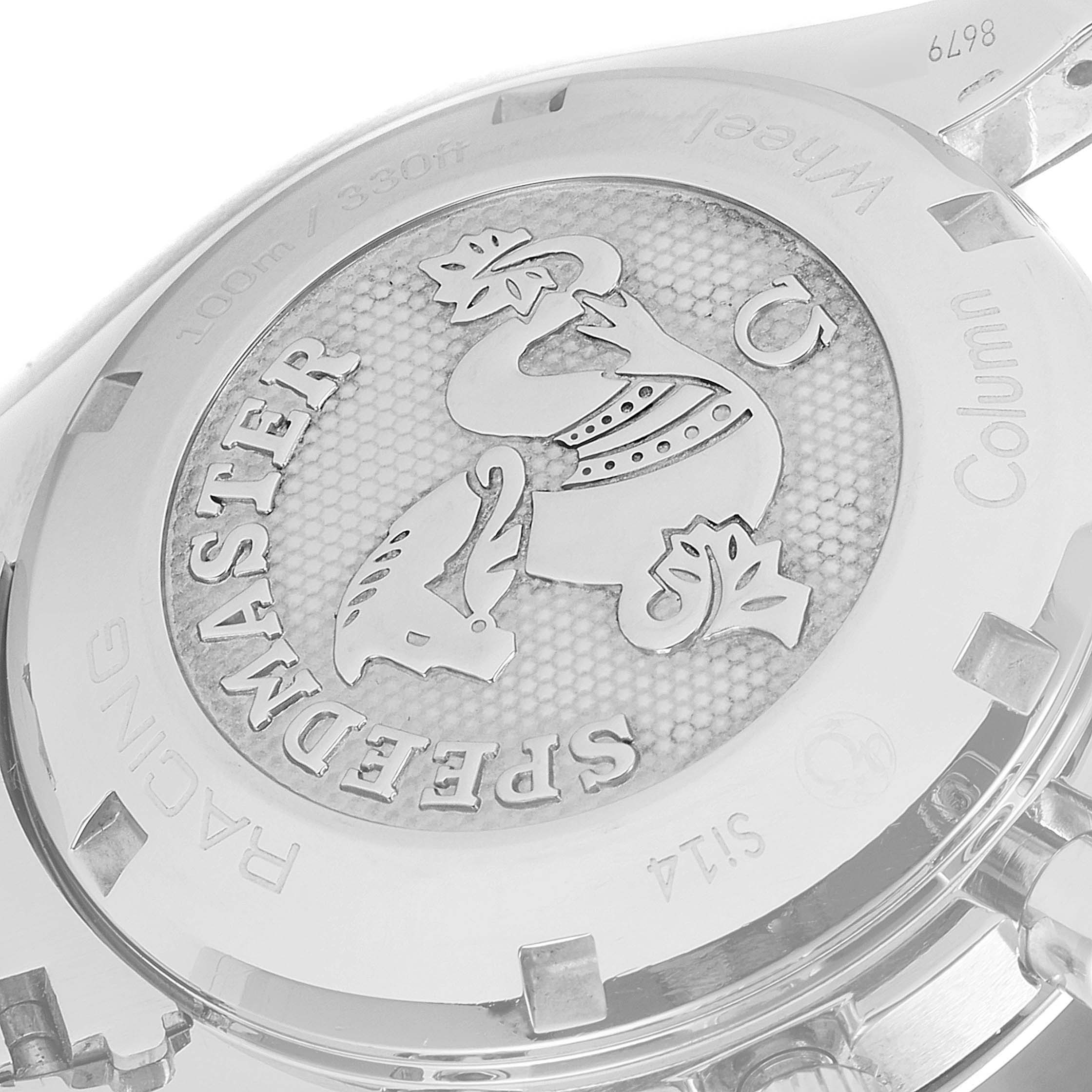 This image shows the back case of the Omega Speedmaster 326.30.40.50.06.001 Men
s Stainless Steel Grey Dial 326.30.40.50.06.001 Men
s Stainless Steel Grey Dial watch, including its engraved graphics and text.