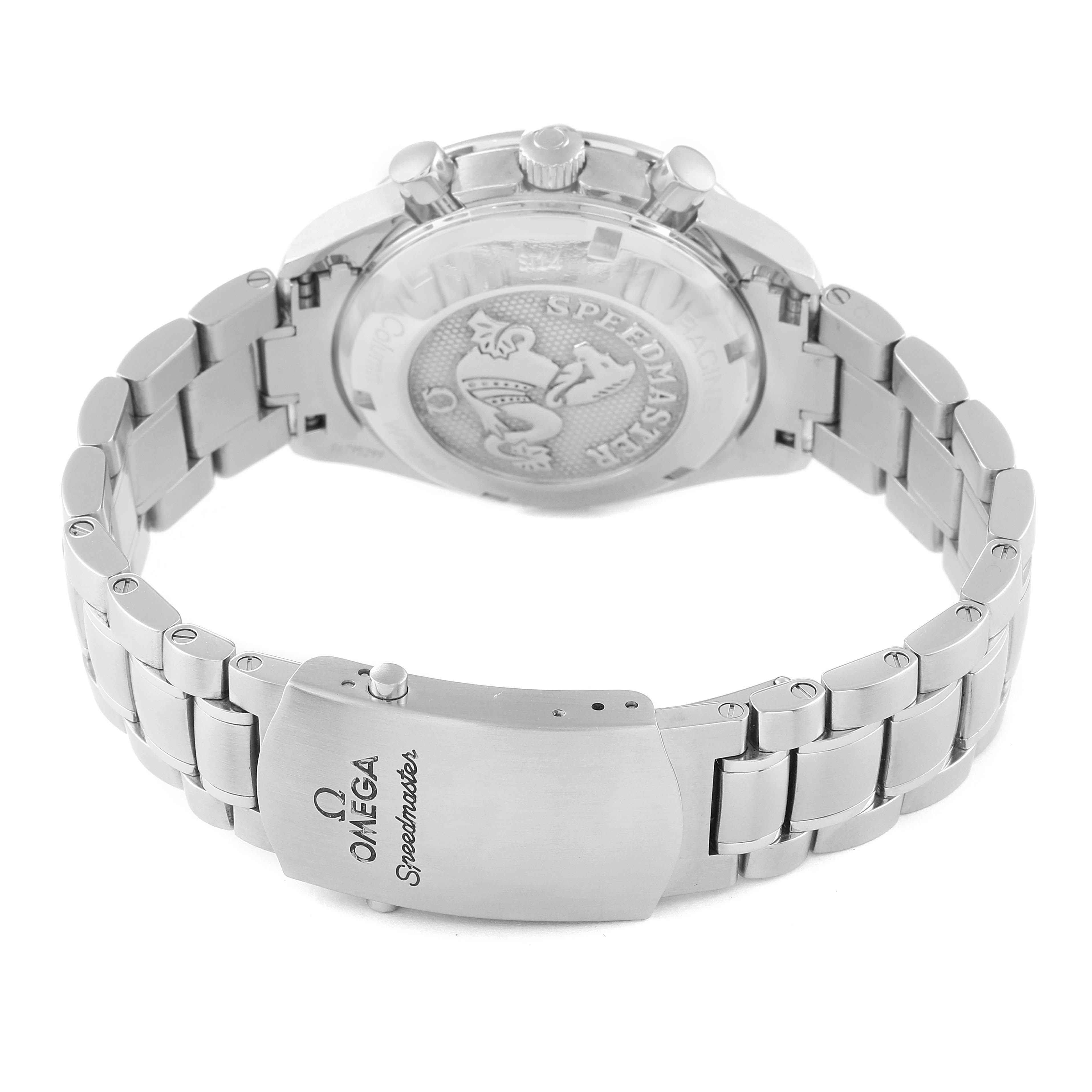 The image shows the back view of an Omega Speedmaster 326.30.40.50.06.001 Men
s Stainless Steel Grey Dial 326.30.40.50.06.001 Men
s Stainless Steel Grey Dial watch, displaying the case back and metal bracelet with clasp.