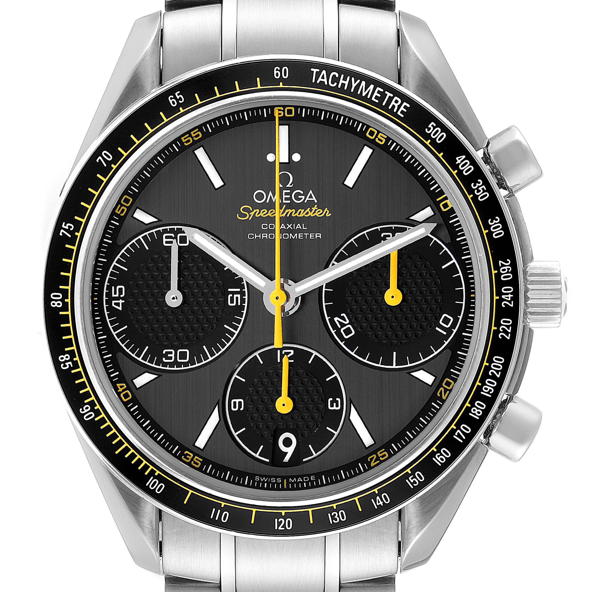 This Omega Speedmaster 326.30.40.50.06.001 Men
s Stainless Steel Grey Dial 326.30.40.50.06.001 Men
s Stainless Steel Grey Dial watch is shown from a front angle, displaying the dial, hands, subdials, and tachymeter bezel.