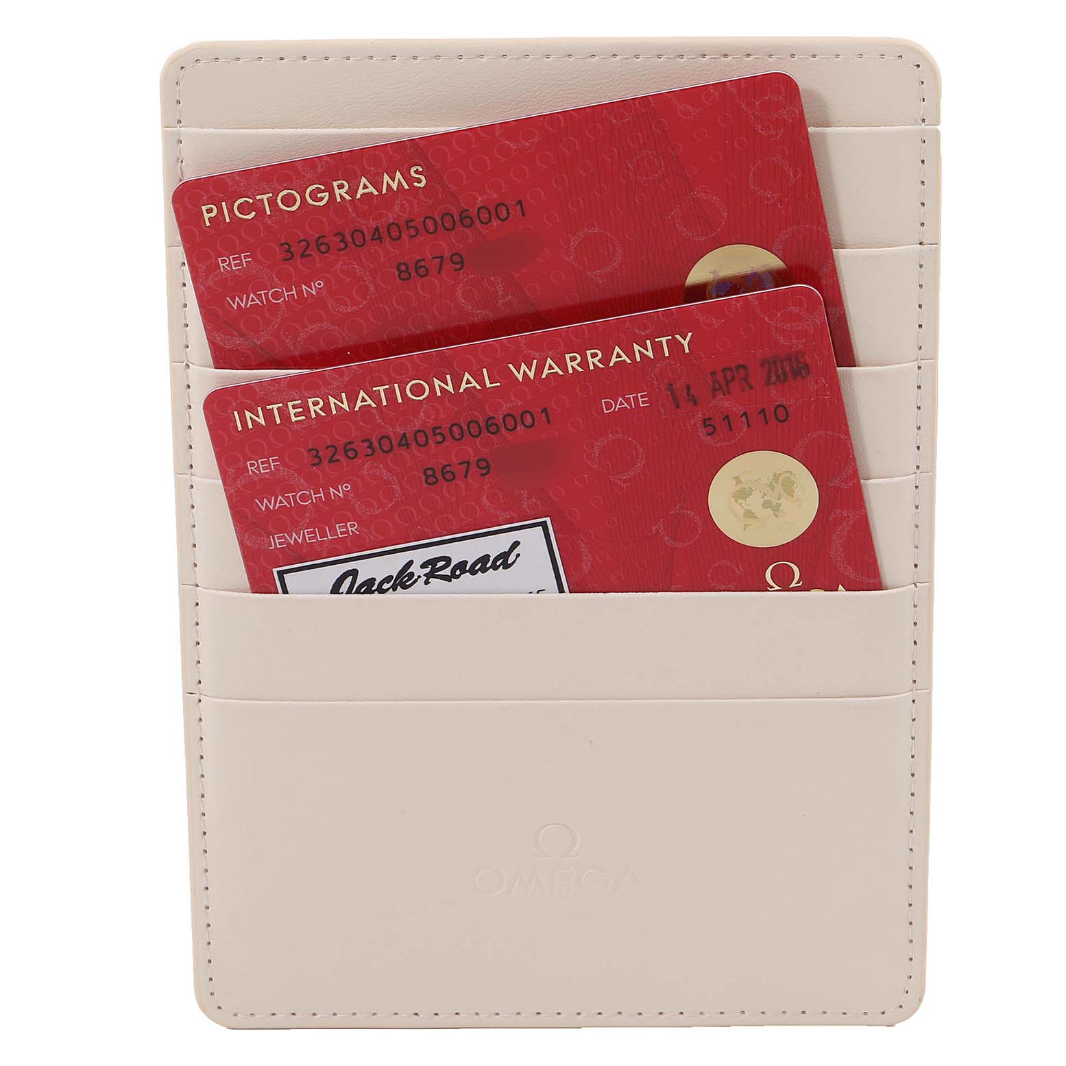 The image shows the warranty cardholder with Pictograms and International Warranty cards for an Omega Speedmaster 326.30.40.50.06.001 Men
s Stainless Steel Grey Dial 326.30.40.50.06.001 Men
s Stainless Steel Grey Dial watch.