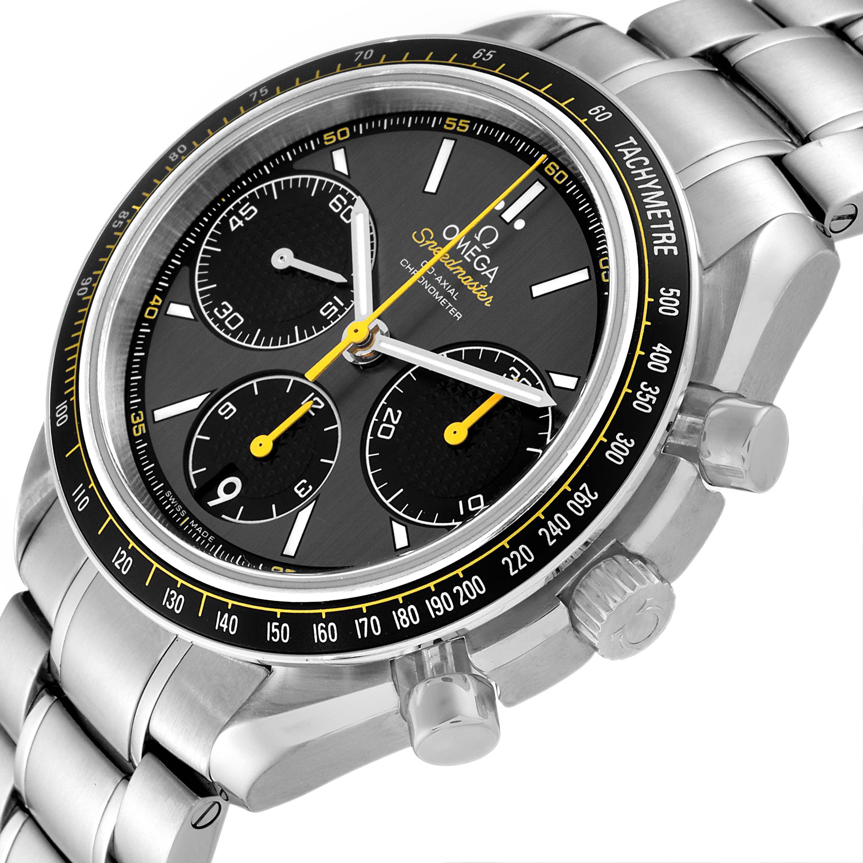 The image shows the Omega Speedmaster 326.30.40.50.06.001 Men
s Stainless Steel Grey Dial 326.30.40.50.06.001 Men
s Stainless Steel Grey Dial watch at an angle highlighting its face, bezel, crown, and bracelet.