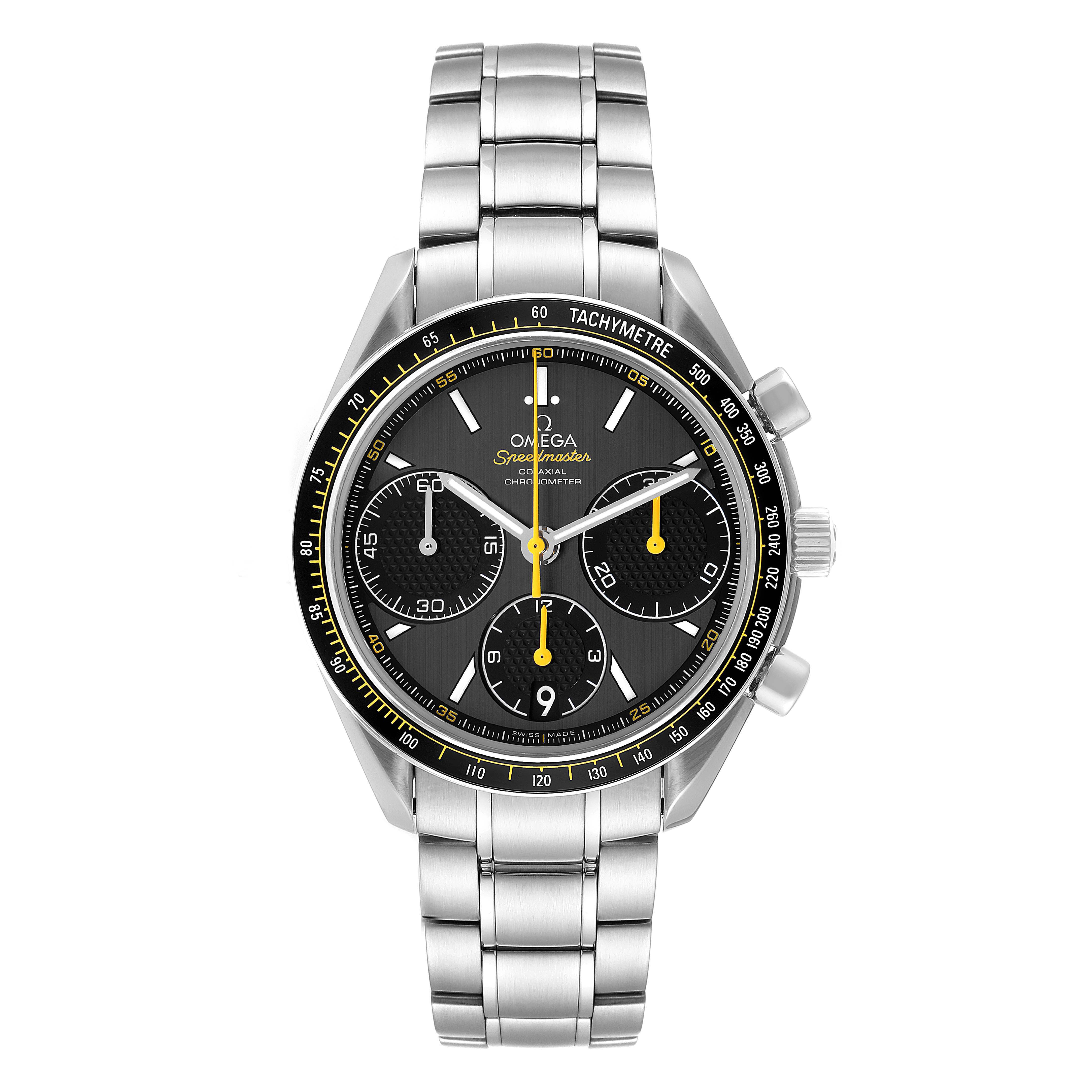 This image shows the front view of an Omega Speedmaster 326.30.40.50.06.001 Men
s Stainless Steel Grey Dial 326.30.40.50.06.001 Men
s Stainless Steel Grey Dial watch, displaying its face, bezel, and metal bracelet.