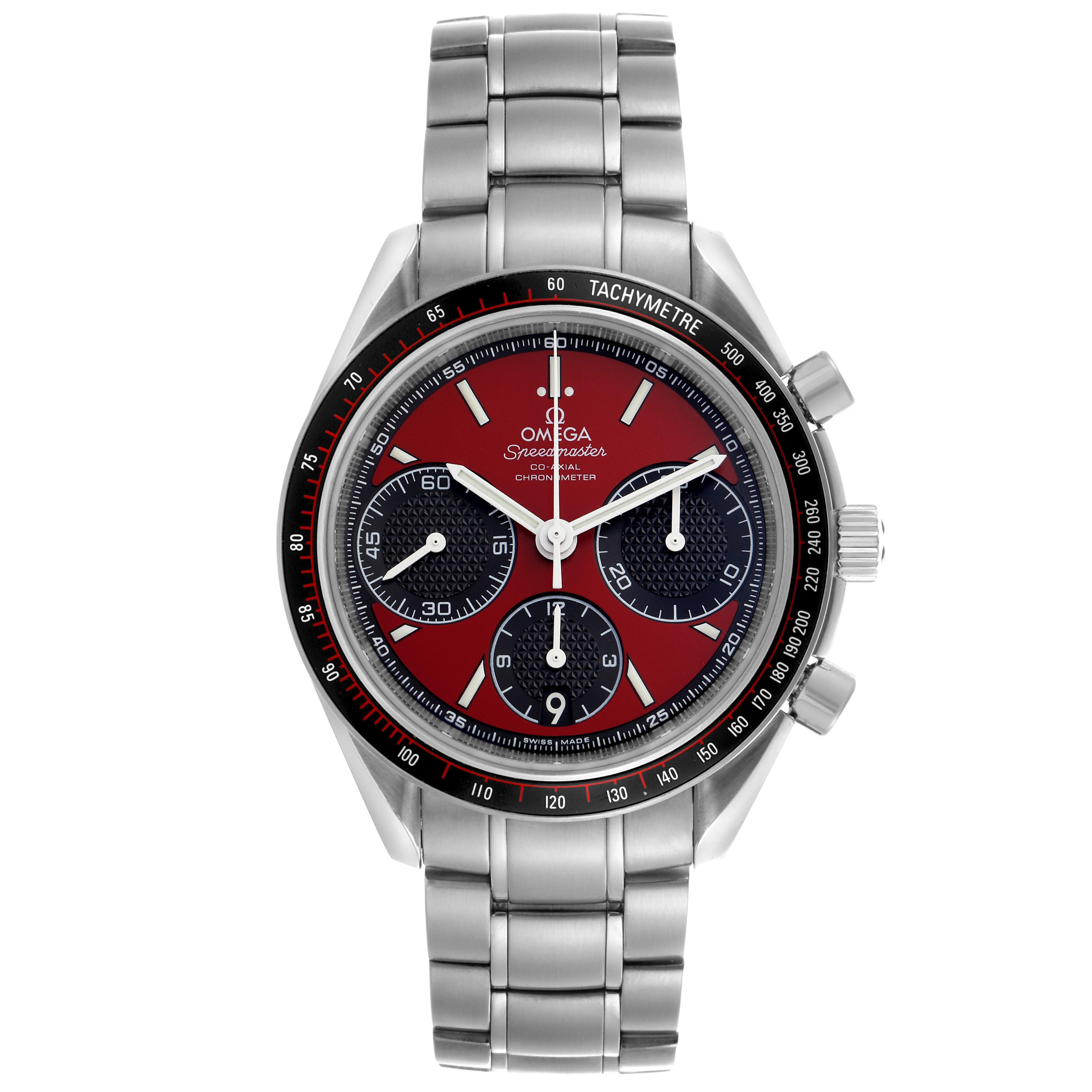The Omega Speedmaster 326.30.40.50.11.001 Men's Stainless Steel Red Dial 326.30.40.50.11.001 Men's Stainless Steel Red Dial watch is shown from the front, displaying the dial, bezel, crown, pushers, and bracelet.