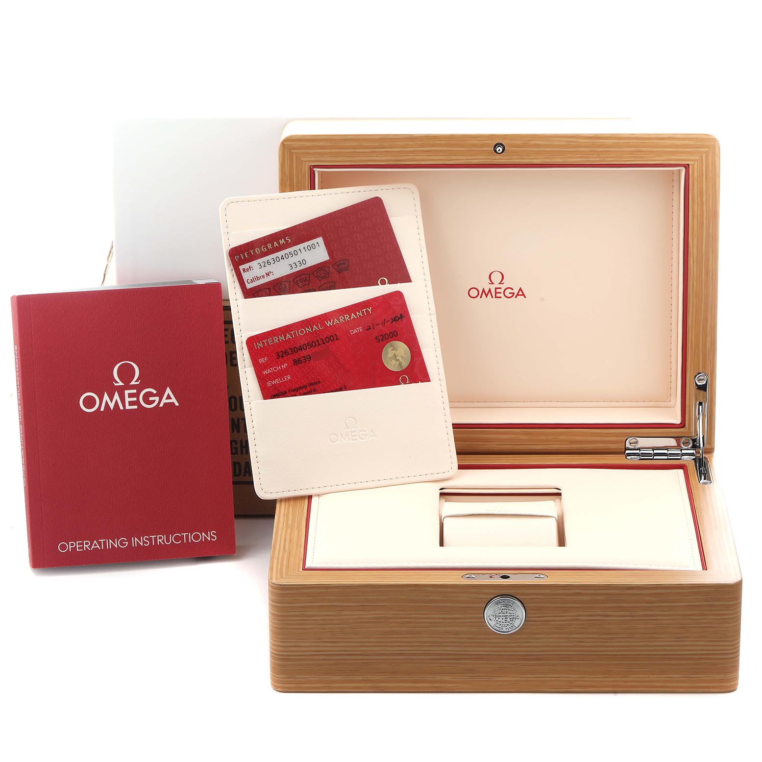 The image shows an Omega Speedmaster 326.30.40.50.11.001 Men's Stainless Steel Red Dial 326.30.40.50.11.001 Men's Stainless Steel Red Dial watch box, warranty cards, and an operating manual.