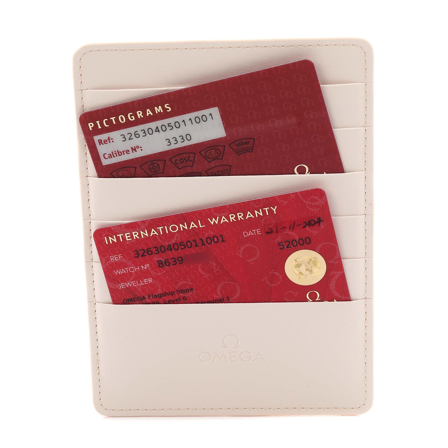 The image shows Omega Speedmaster 326.30.40.50.11.001 Men's Stainless Steel Red Dial 326.30.40.50.11.001 Men's Stainless Steel Red Dial model warranty and pictogram cards in a cardholder, viewed from the front.