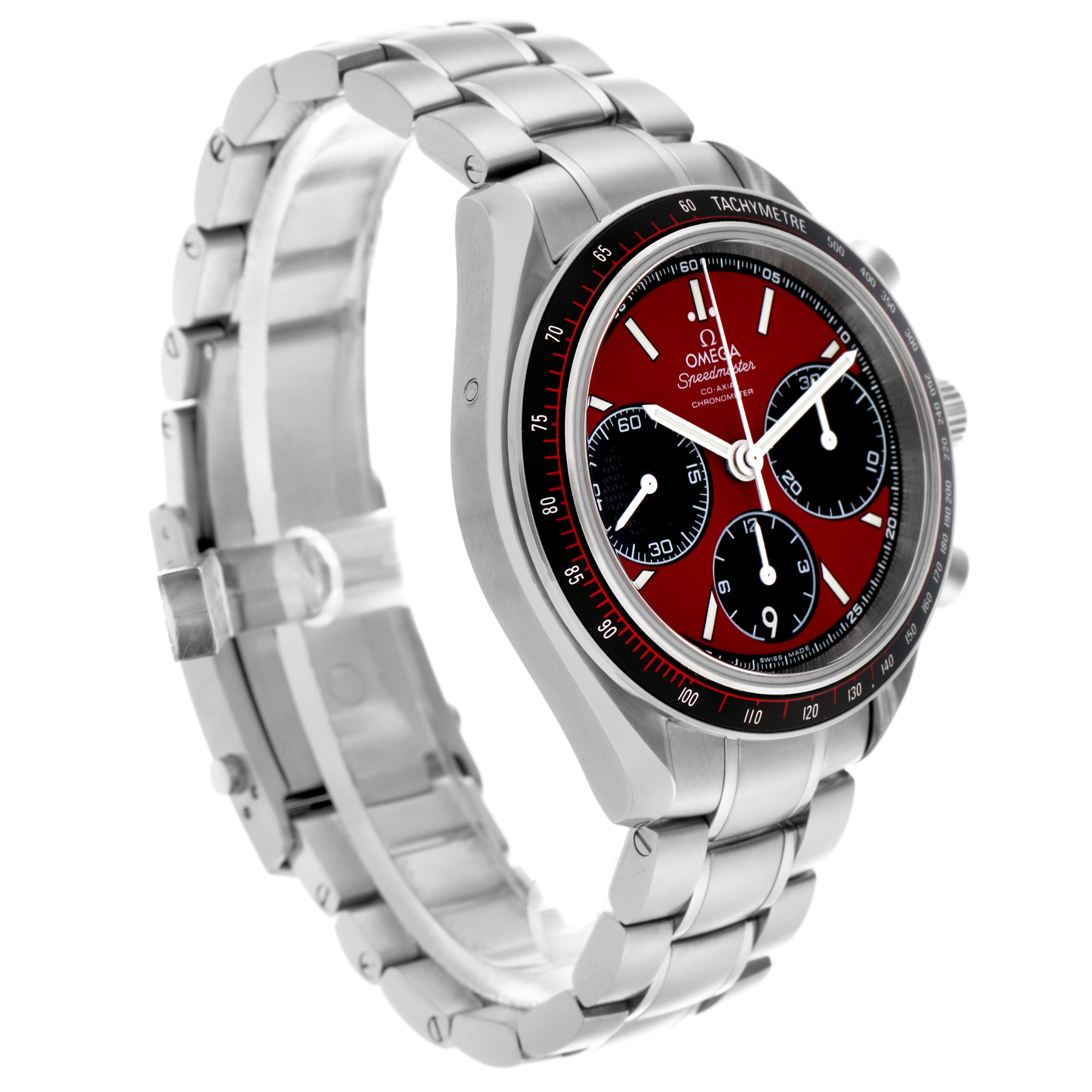 The Omega Speedmaster 326.30.40.50.11.001 Men's Stainless Steel Red Dial 326.30.40.50.11.001 Men's Stainless Steel Red Dial watch is shown at an oblique angle, highlighting the dial, bezel, and bracelet.