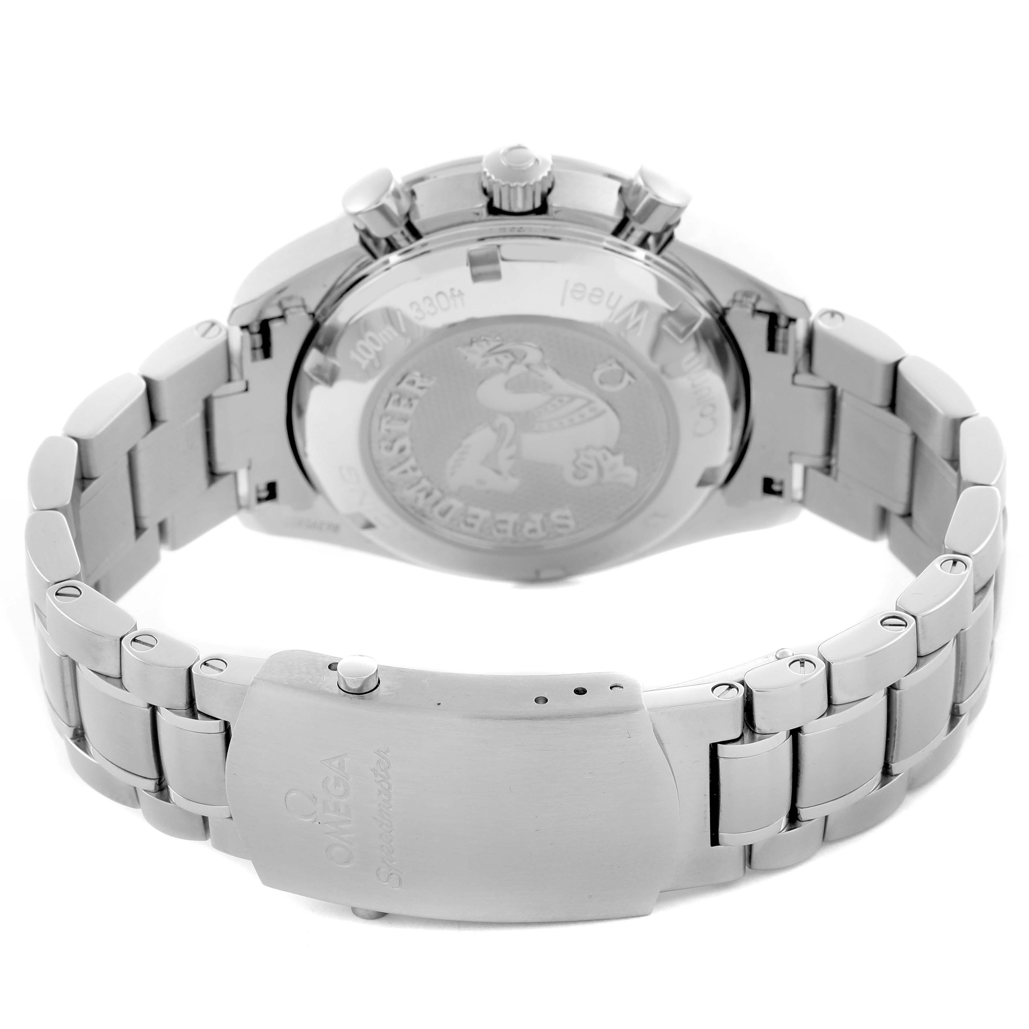 The Omega Speedmaster 326.30.40.50.11.001 Men's Stainless Steel Red Dial 326.30.40.50.11.001 Men's Stainless Steel Red Dial is shown from the back, displaying the case back and stainless steel bracelet clasp.