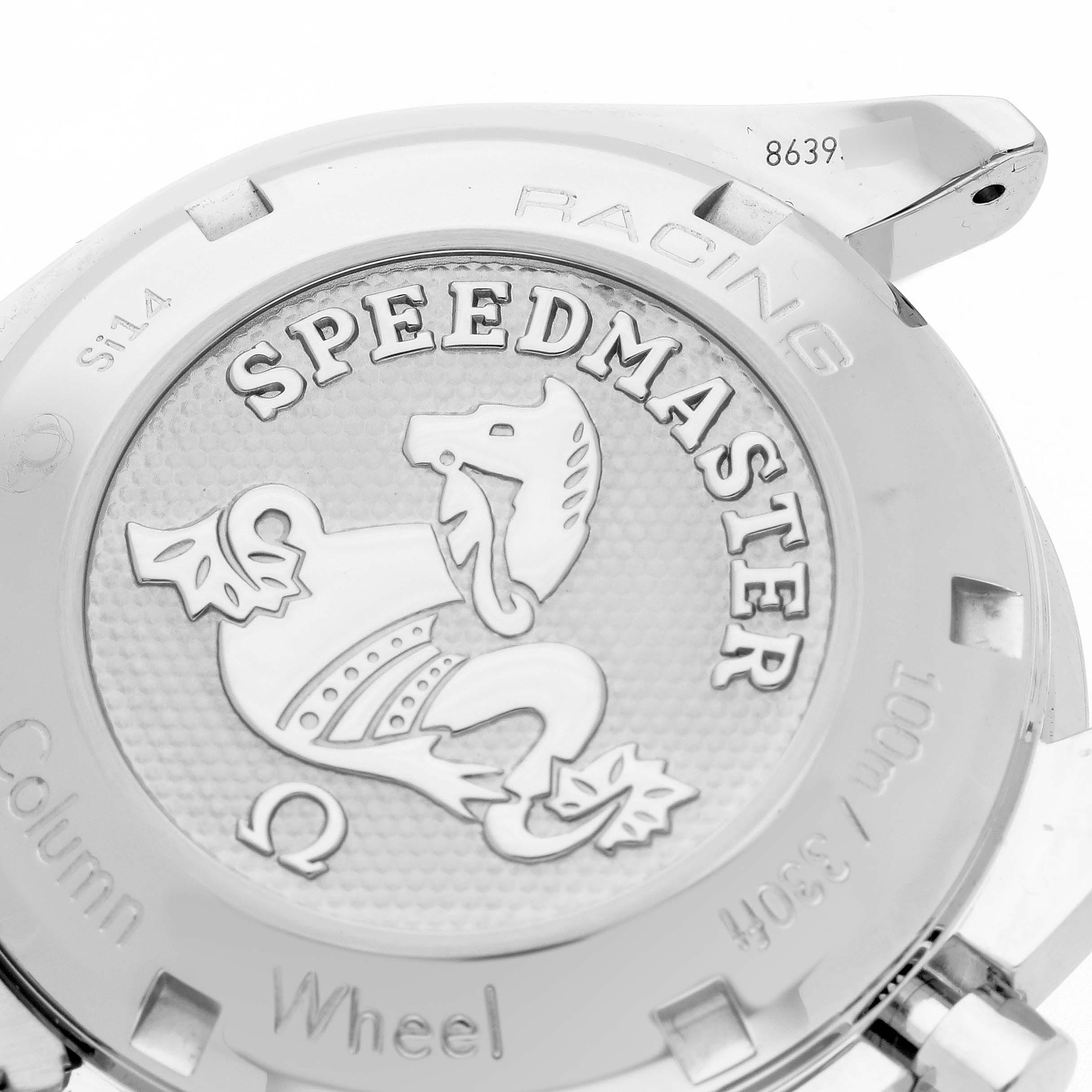 The image shows the case back of an Omega Speedmaster 326.30.40.50.11.001 Men's Stainless Steel Red Dial 326.30.40.50.11.001 Men's Stainless Steel Red Dial, featuring the brand's emblem and engraved details.