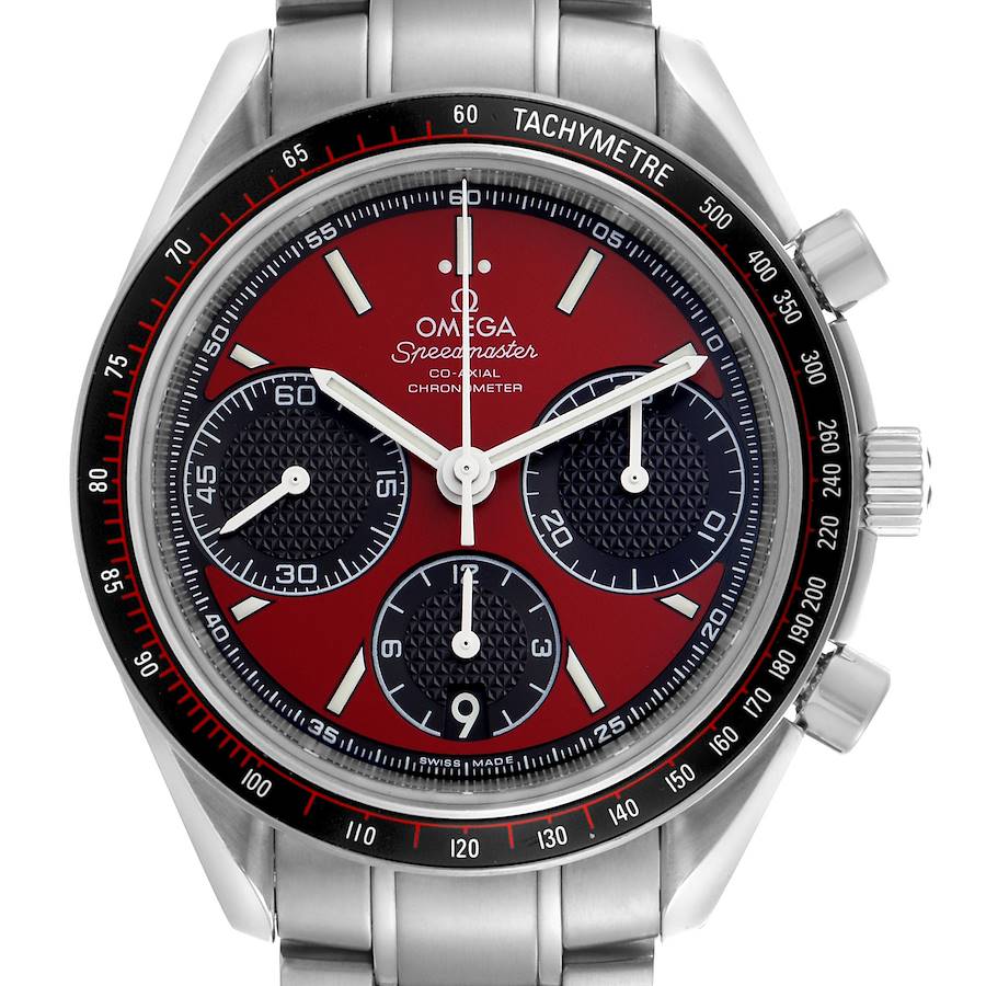 The image shows a frontal view of the Omega Speedmaster, highlighting its dial, tachymeter, subdials, and crown.