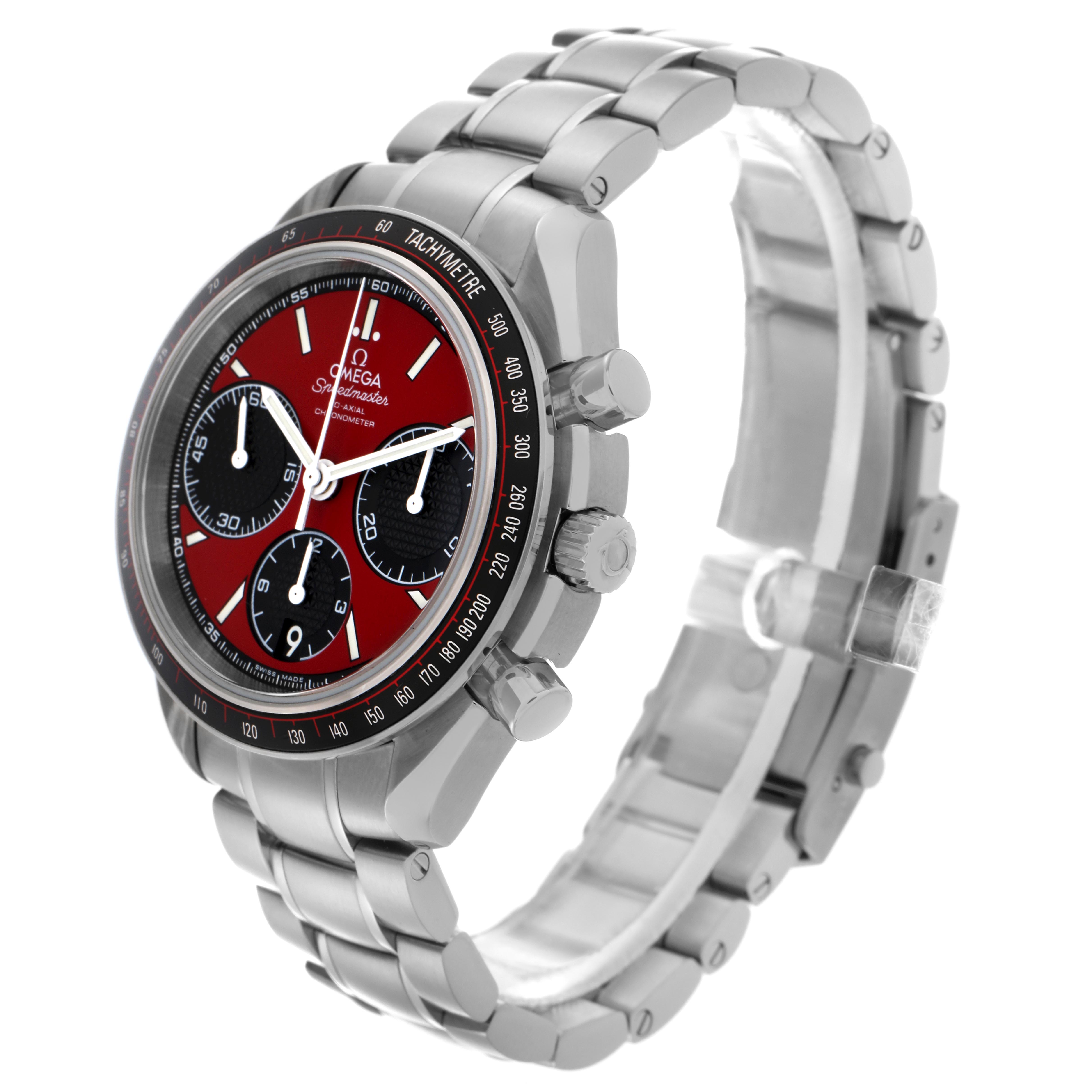 The Omega Speedmaster 326.30.40.50.11.001 Men's Stainless Steel Red Dial 326.30.40.50.11.001 Men's Stainless Steel Red Dial watch is shown at a side angle, highlighting the bracelet, bezel, and dial with its subdials and tachymeter.