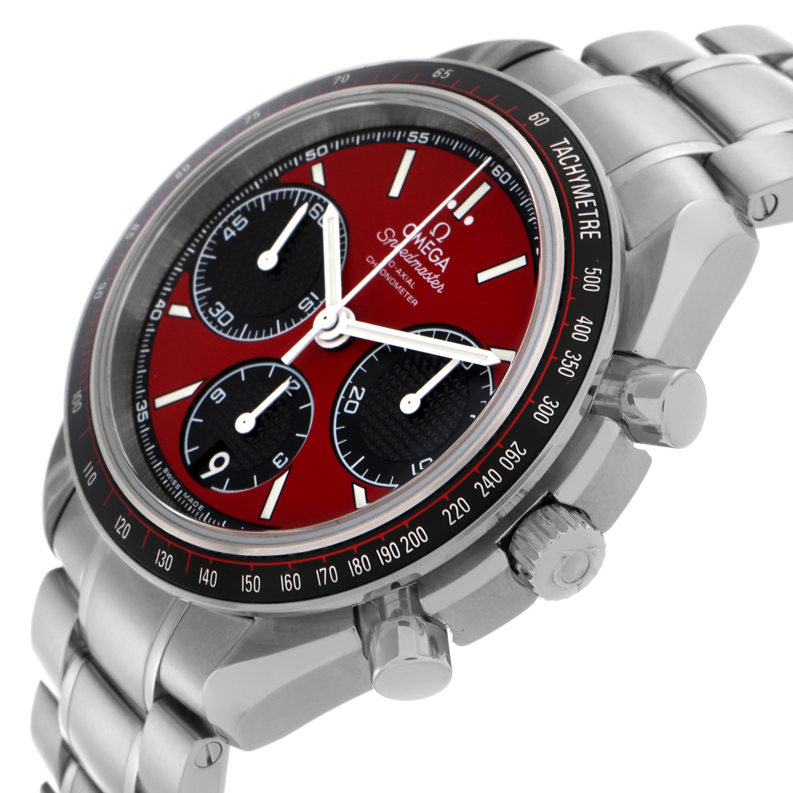 The Omega Speedmaster 326.30.40.50.11.001 Men's Stainless Steel Red Dial 326.30.40.50.11.001 Men's Stainless Steel Red Dial watch is shown at a side angle, highlighting the bezel, crown, and bracelet.