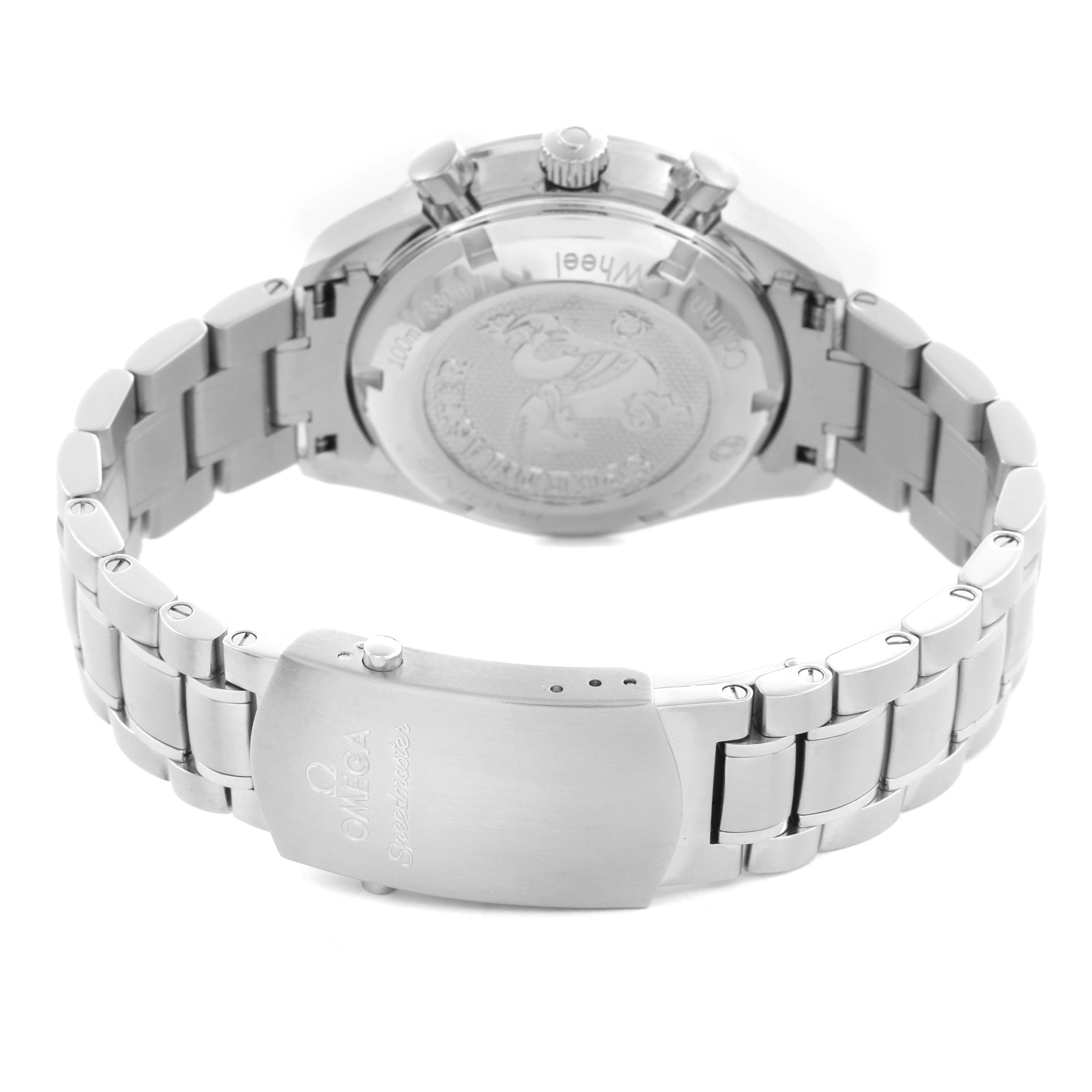 The Omega Speedmaster 326.30.40.50.01.001 Men
s Stainless Steel Black Dial 326.30.40.50.01.001 Men
s Stainless Steel Black Dial watch is shown from the back, highlighting the case back, bracelet, and clasp.