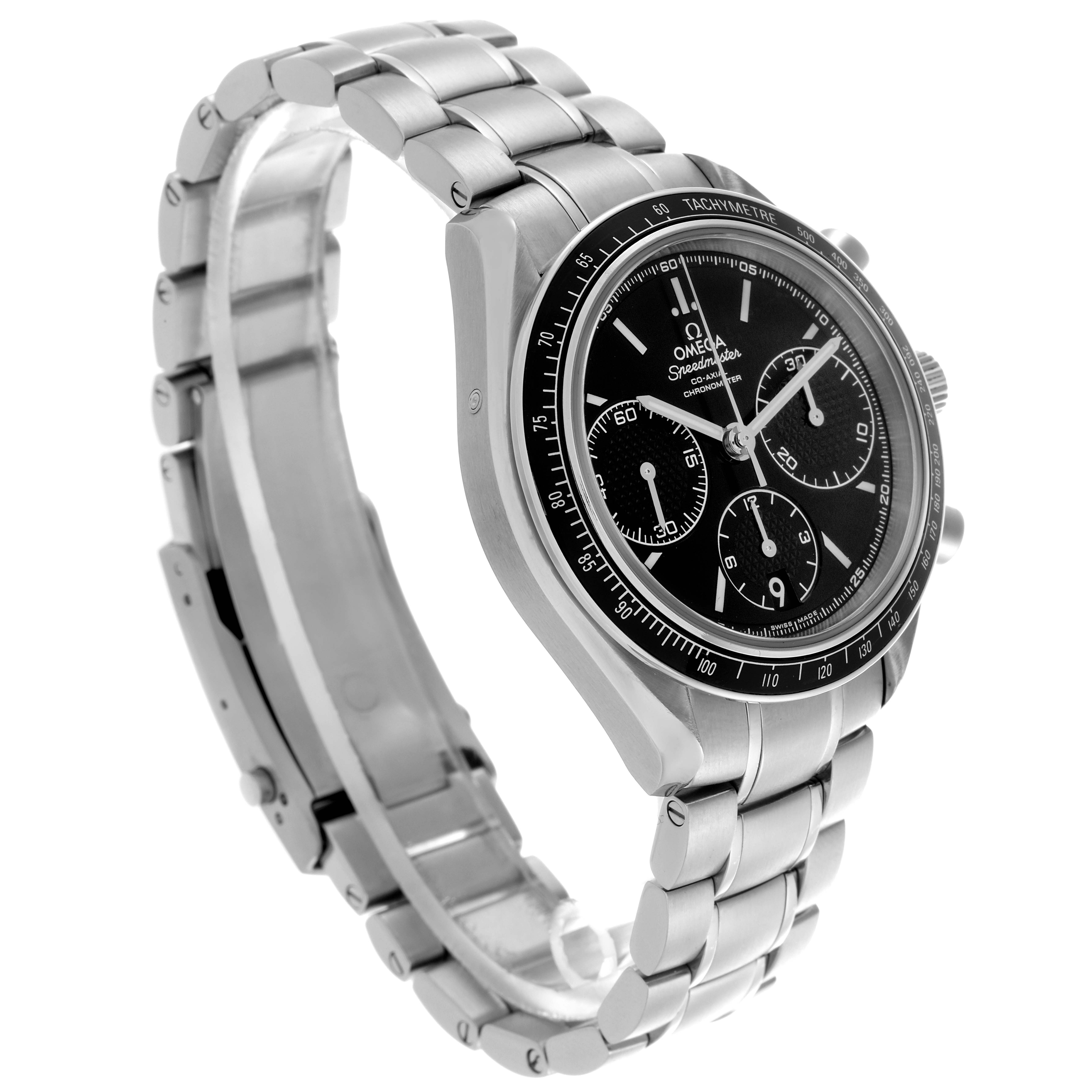 The Omega Speedmaster 326.30.40.50.01.001 Men
s Stainless Steel Black Dial 326.30.40.50.01.001 Men
s Stainless Steel Black Dial watch is shown at a three-quarter angle, highlighting the case, bracelet, and tachymeter bezel.
