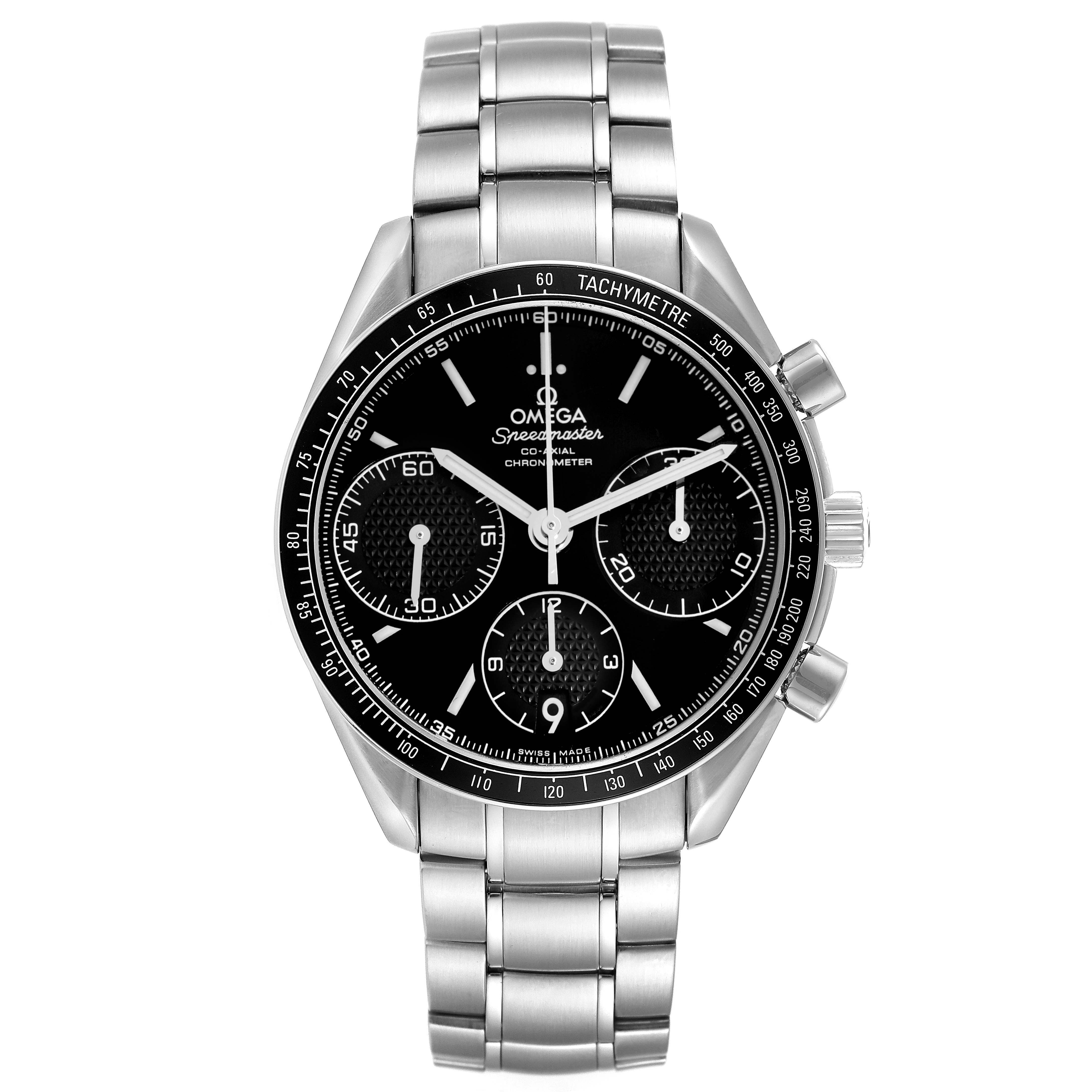 The image shows the Omega Speedmaster 326.30.40.50.01.001 Men
s Stainless Steel Black Dial 326.30.40.50.01.001 Men
s Stainless Steel Black Dial watch from a front angle, highlighting the face, bezel, crown, pushers, and bracelet.