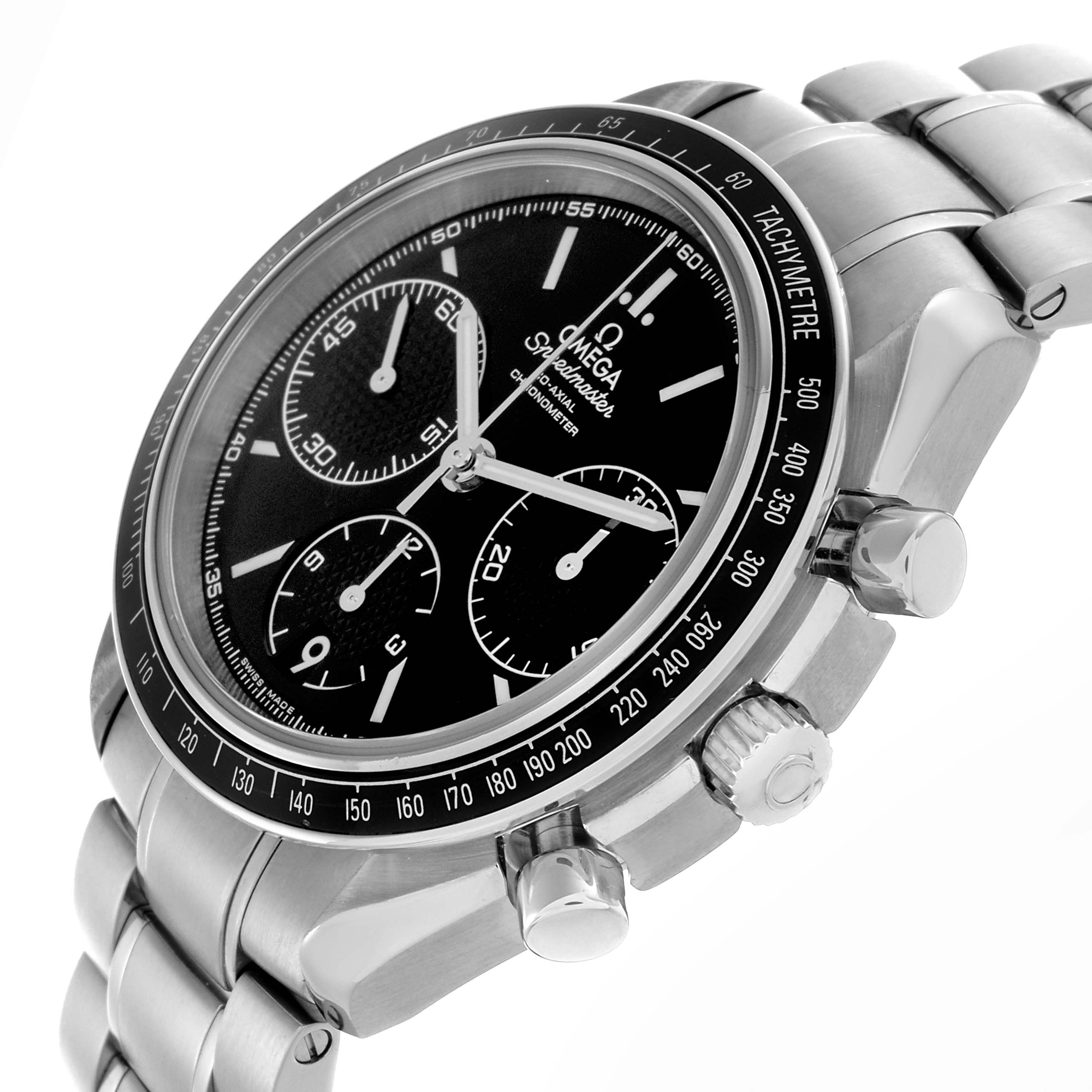 The Omega Speedmaster 326.30.40.50.01.001 Men
s Stainless Steel Black Dial 326.30.40.50.01.001 Men
s Stainless Steel Black Dial watch is shown at an angled side view, highlighting the tachymeter bezel, crown, and chronograph pushers.