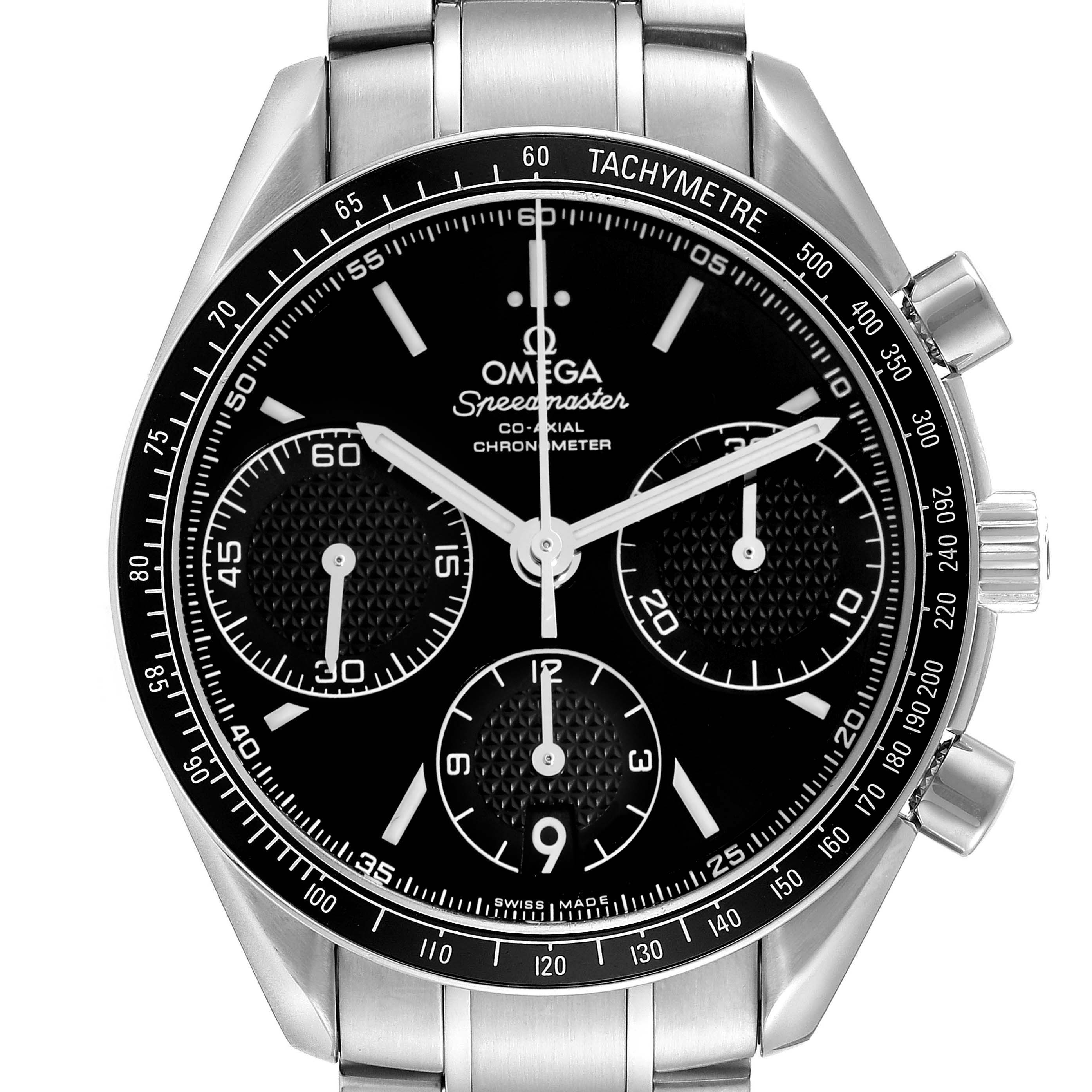 The Omega Speedmaster 326.30.40.50.01.001 Men
s Stainless Steel Black Dial 326.30.40.50.01.001 Men
s Stainless Steel Black Dial watch is shown from the front, highlighting its dial, tachymetre bezel, and chronograph subdials.