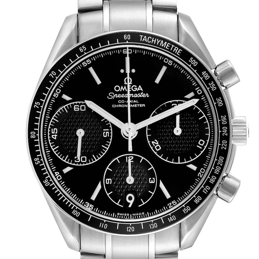 The Omega Speedmaster watch is shown from the front, highlighting its dial, tachymetre bezel, and chronograph subdials.