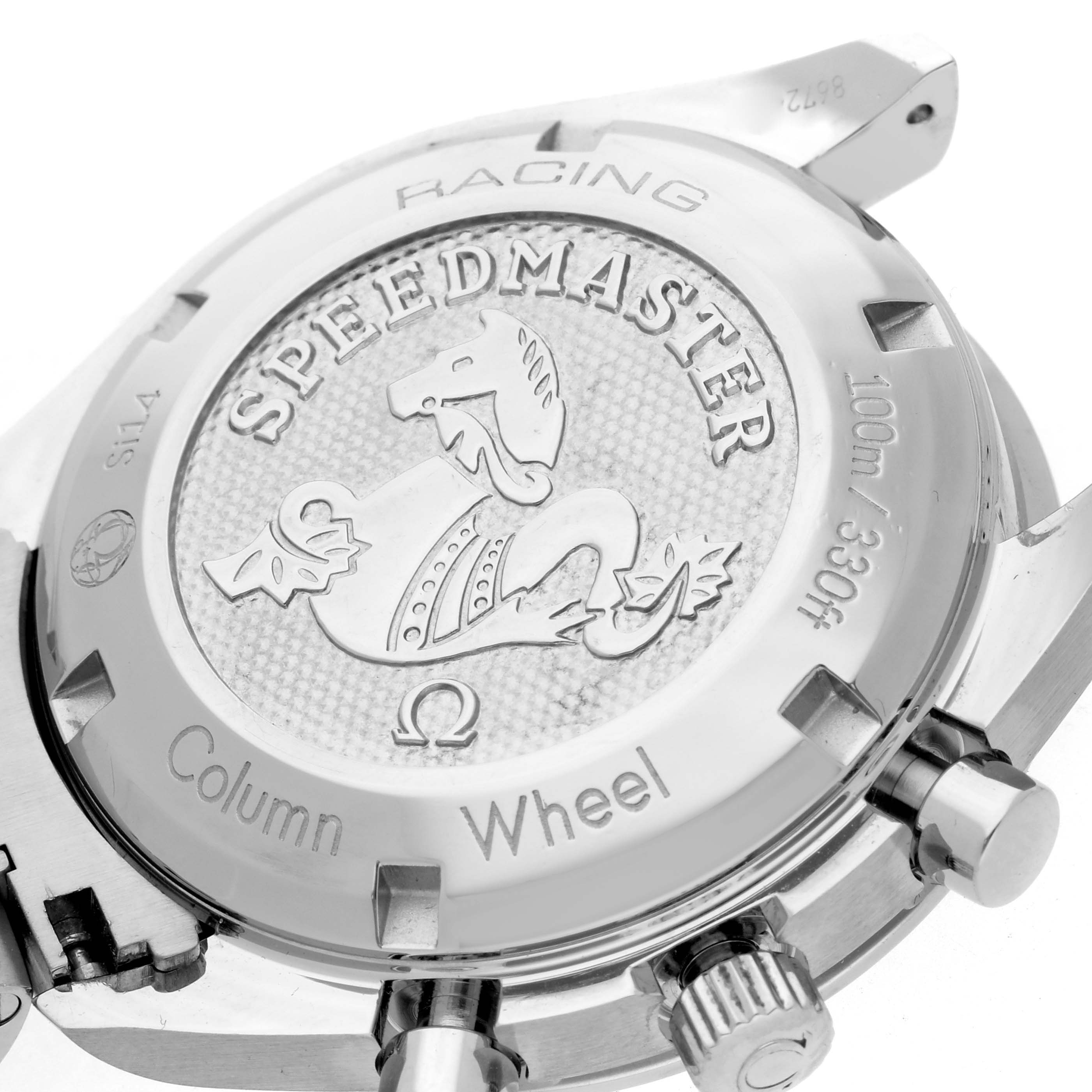 The image shows the case back and crown of an Omega Speedmaster 326.30.40.50.01.001 Men
s Stainless Steel Black Dial 326.30.40.50.01.001 Men
s Stainless Steel Black Dial watch, highlighting the engravings and design details.